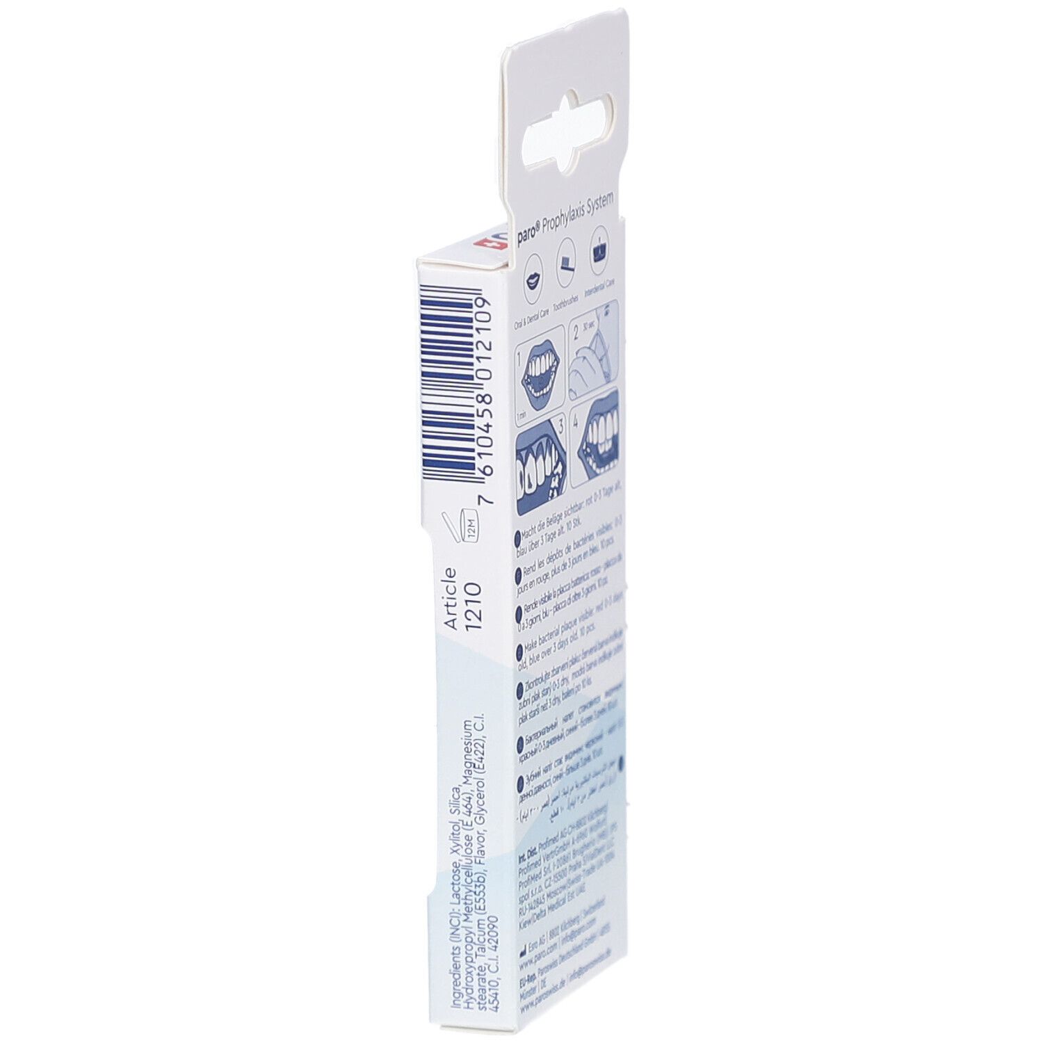 Vue latérale de l'emballage paro® Plaque Test. Code-barres, graphiques, texte: paro®, Prophylaxis System, informations fabricant.