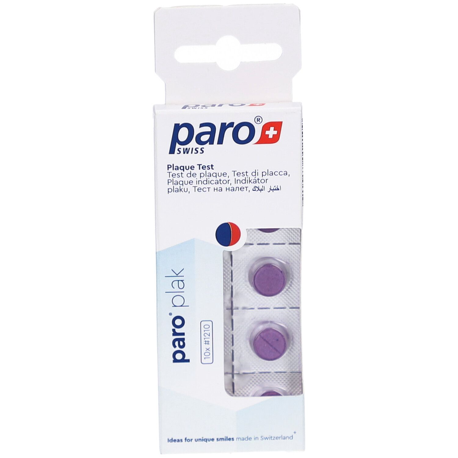 Emballage de paro® Plaque Test. Comprimés en blister visibles. Inscriptions: paro®, Plaque Test, 10x #1210.