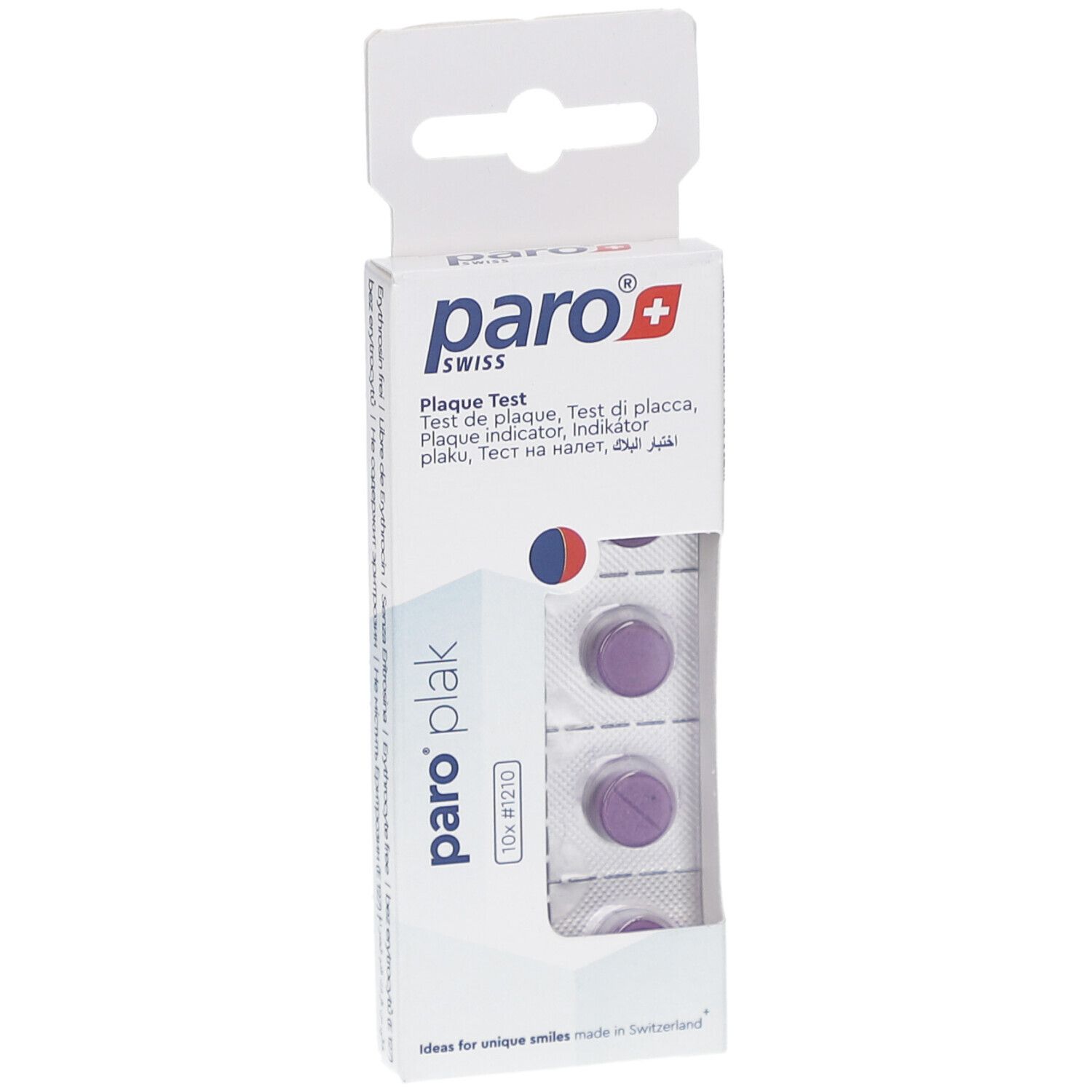Emballage de paro® Plaque Test. Comprimés en blister visibles. Inscriptions: paro®, Plaque Test, 10x #1210.