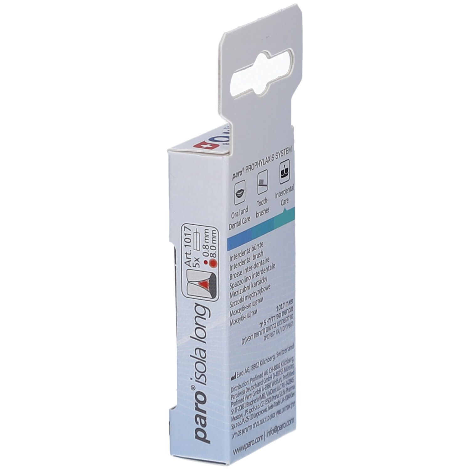 Vue latérale de l'emballage paro® isola long. Contient 5 pièces. 0,8 mm de diamètre, 8,0 mm de long. Fabriqué en Suisse.