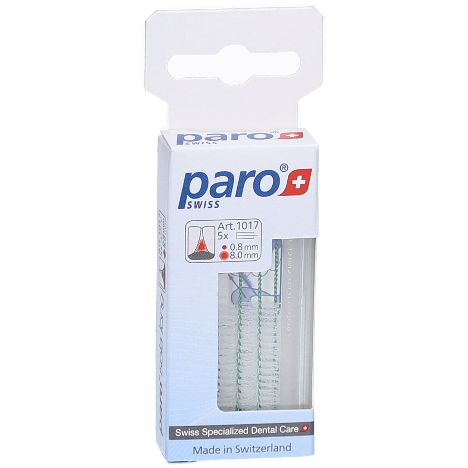 Emballage paro® isola long. Contient 5 pièces. Diamètre 0,8 mm, longueur 8,0 mm. Soins dentaires spécialisés suisses.