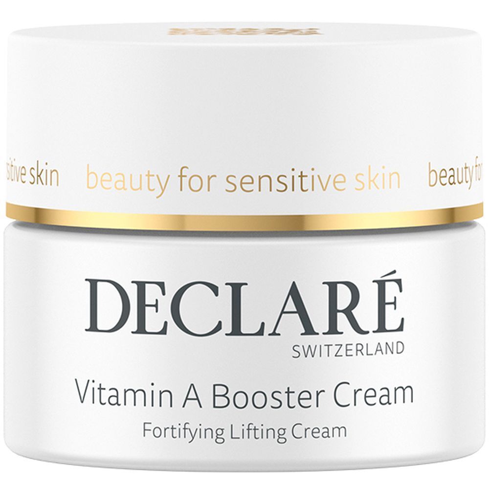 Pot blanc avec bord doré. Inscription : DECLARÉ, Vitamin A Booster Cream. Pour peaux sensibles.