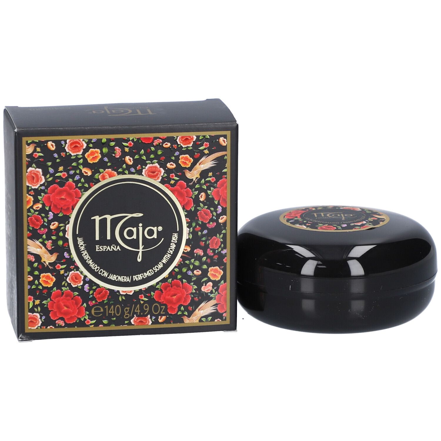 Savon noir ovale et emballage. Emballage avec logo et motif floral. Savon avec logo.