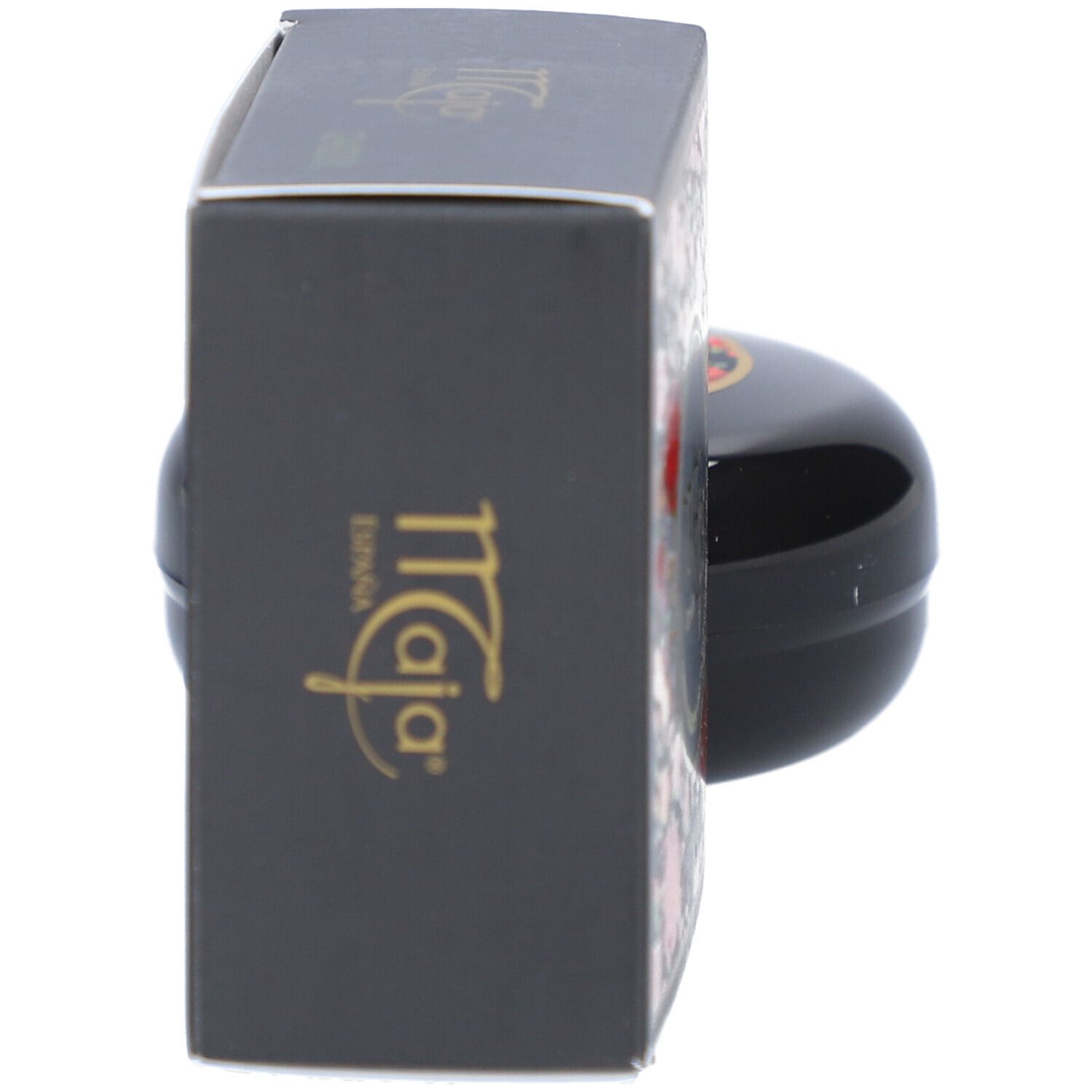 Emballage du savon. Emballage noir avec logo et motif floral. Logo doré.