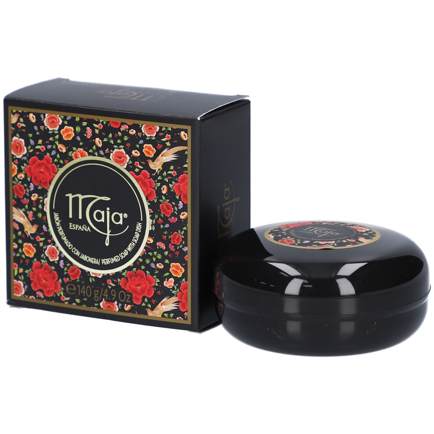 Savon noir ovale et emballage. Emballage avec logo et motif floral. Savon avec logo.