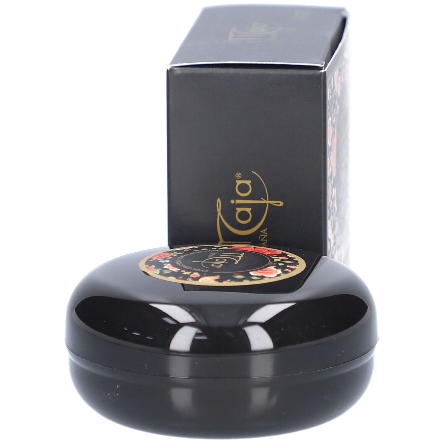 Savon noir ovale et emballage. Emballage avec logo et motif floral. Savon avec logo.