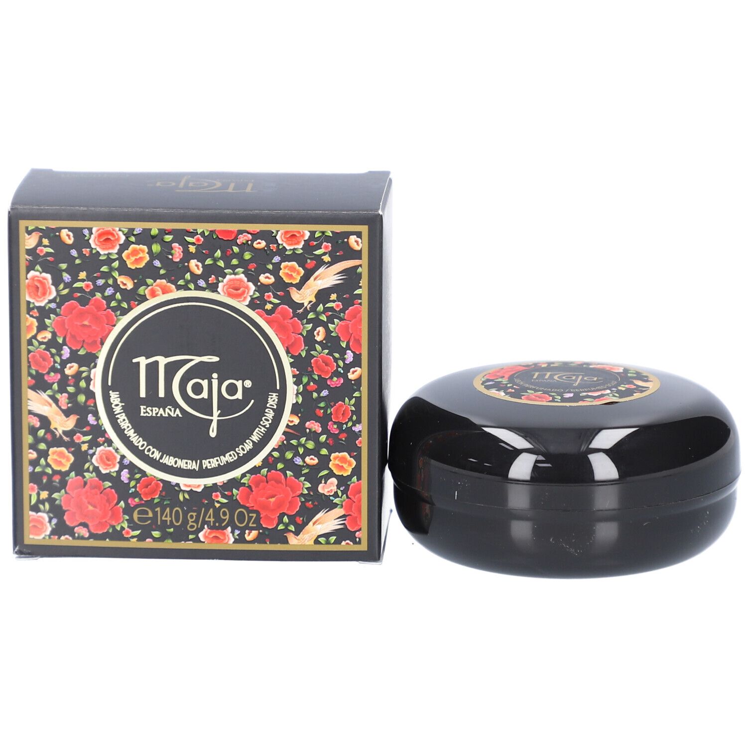 Savon noir ovale avec emballage. Emballage à motifs floraux et logo. Savon avec logo.