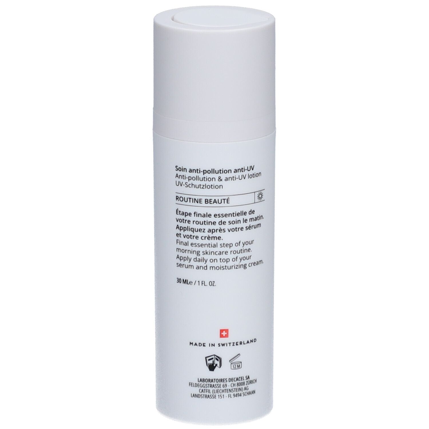 Dos d'un flacon de lotion blanc. Texte en plusieurs langues. Croix suisse et logo.