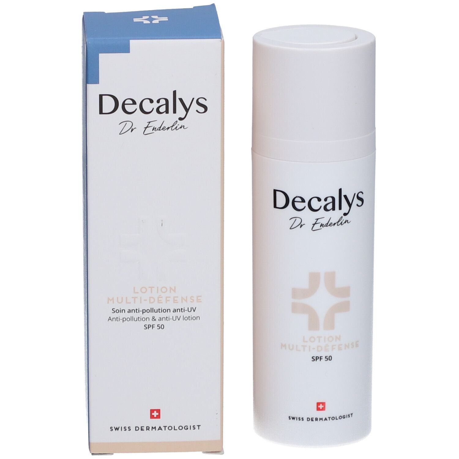 Flacon de lotion blanc et boîte. Inscription Decalys, Dr. Enderlin, Lotion Multi-Défense SPF 50. Croix suisse.
