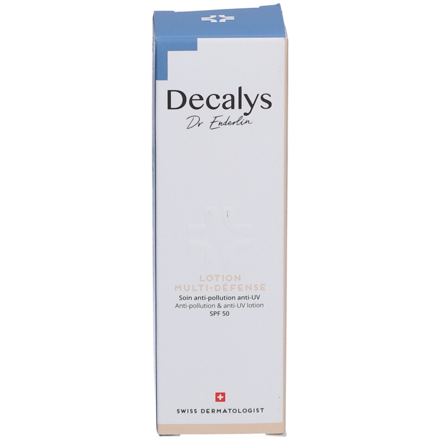 Boîte bleue et blanche. Inscription Decalys, Dr. Enderlin, Lotion Multi-Défense SPF 50. Croix suisse.