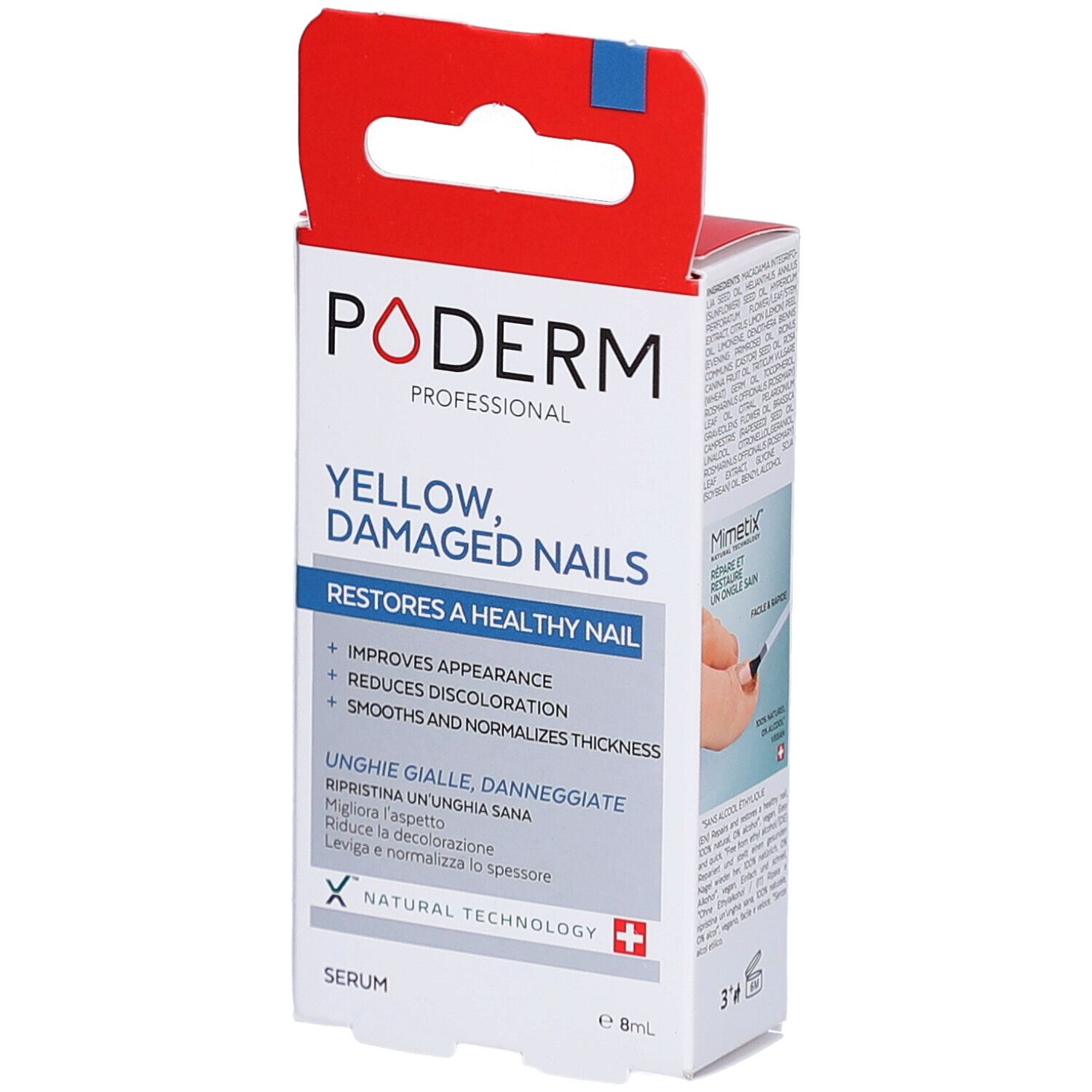 Boîte PODERM PROFESSIONAL. Inscription: YELLOW, DAMAGED NAILS. Contient du sérum. Croix suisse.