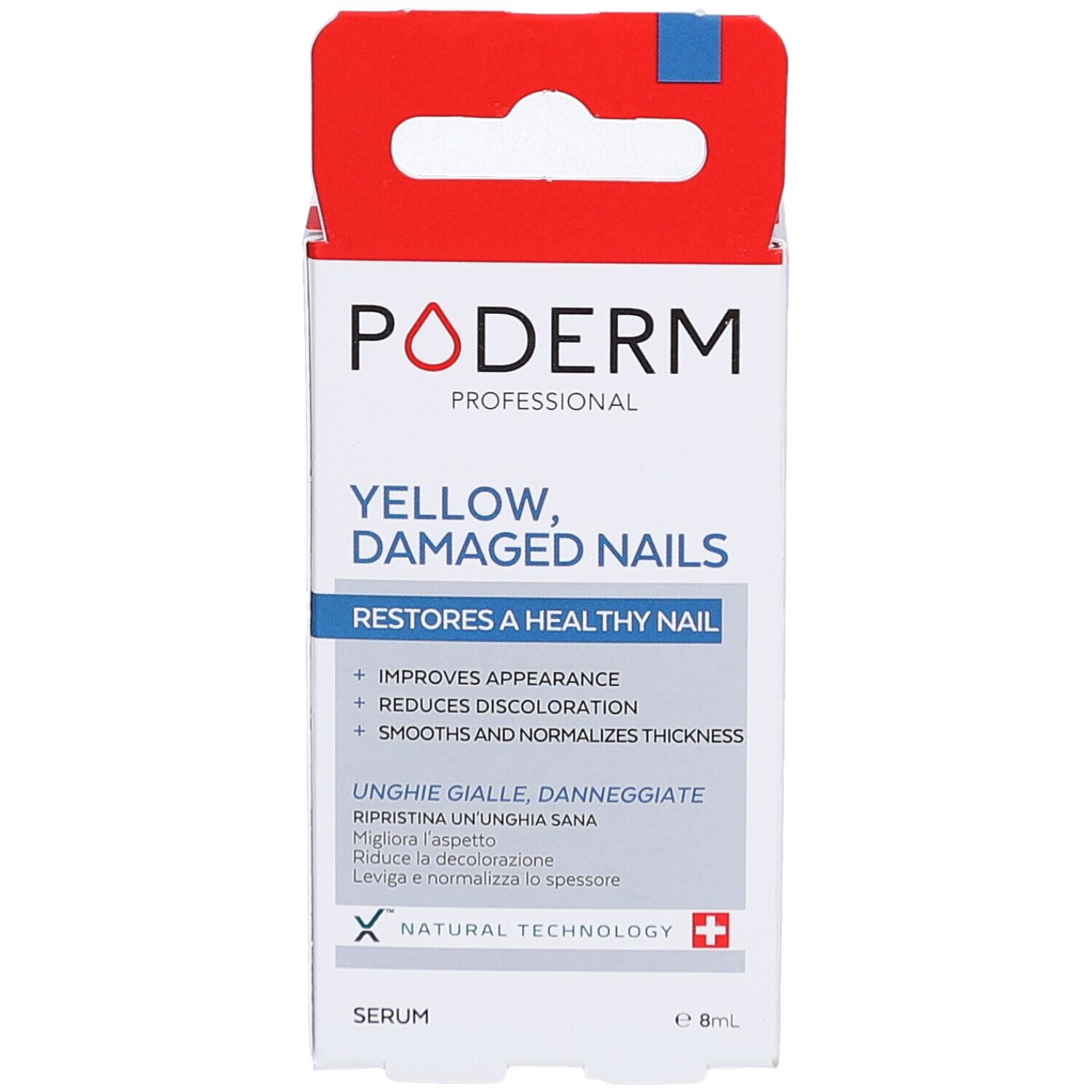Boîte PODERM PROFESSIONAL. Inscription: YELLOW, DAMAGED NAILS. Contient du sérum. Croix suisse.