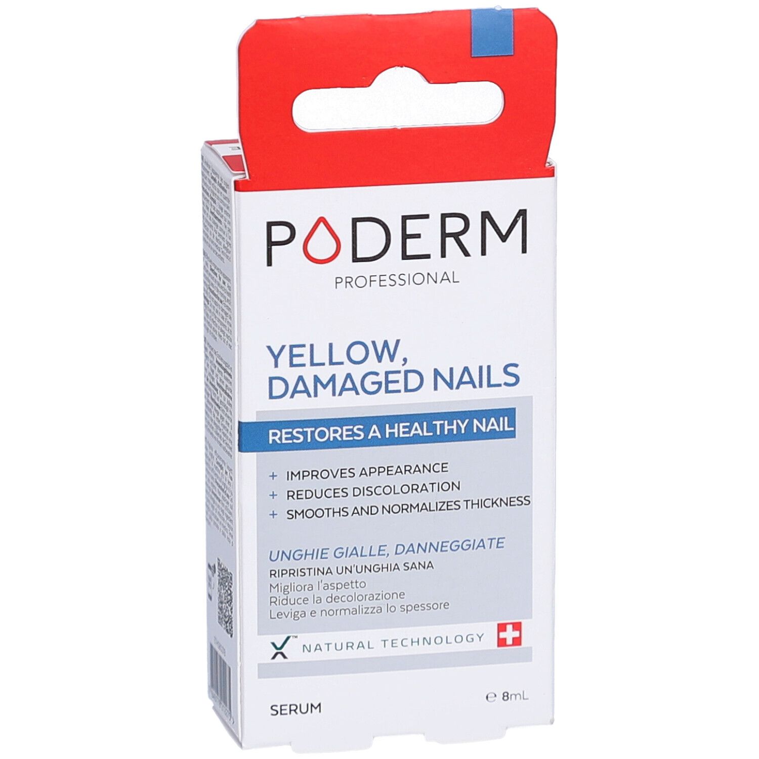 Boîte PODERM PROFESSIONAL. Inscription: YELLOW, DAMAGED NAILS. Contient du sérum. Croix suisse.