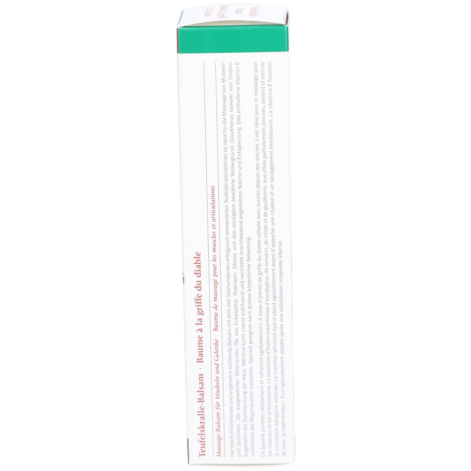 Vue latérale de l'emballage du produit. Texte avec informations sur le produit. Couleurs vert et blanc.