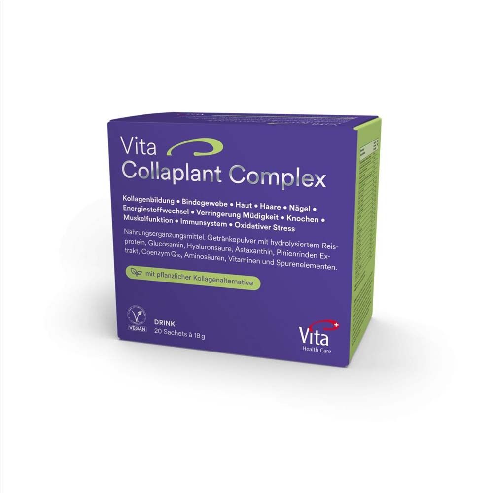 Boîte violette "Vita Collaplant Complex". Contient 20 sachets. Vegan. Logo Vita Health Care.