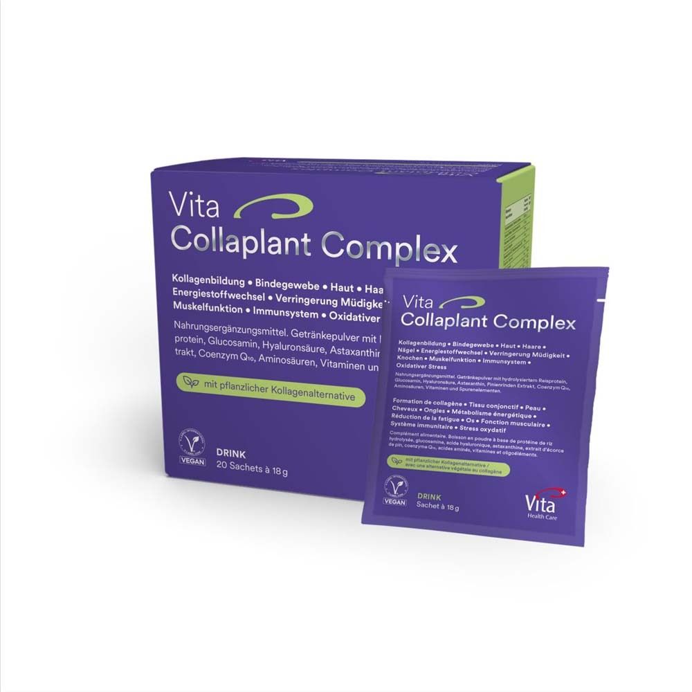 Boîte et sachet violets "Vita Collaplant Complex". 20 sachets. Vegan. Logo Vita Health Care.