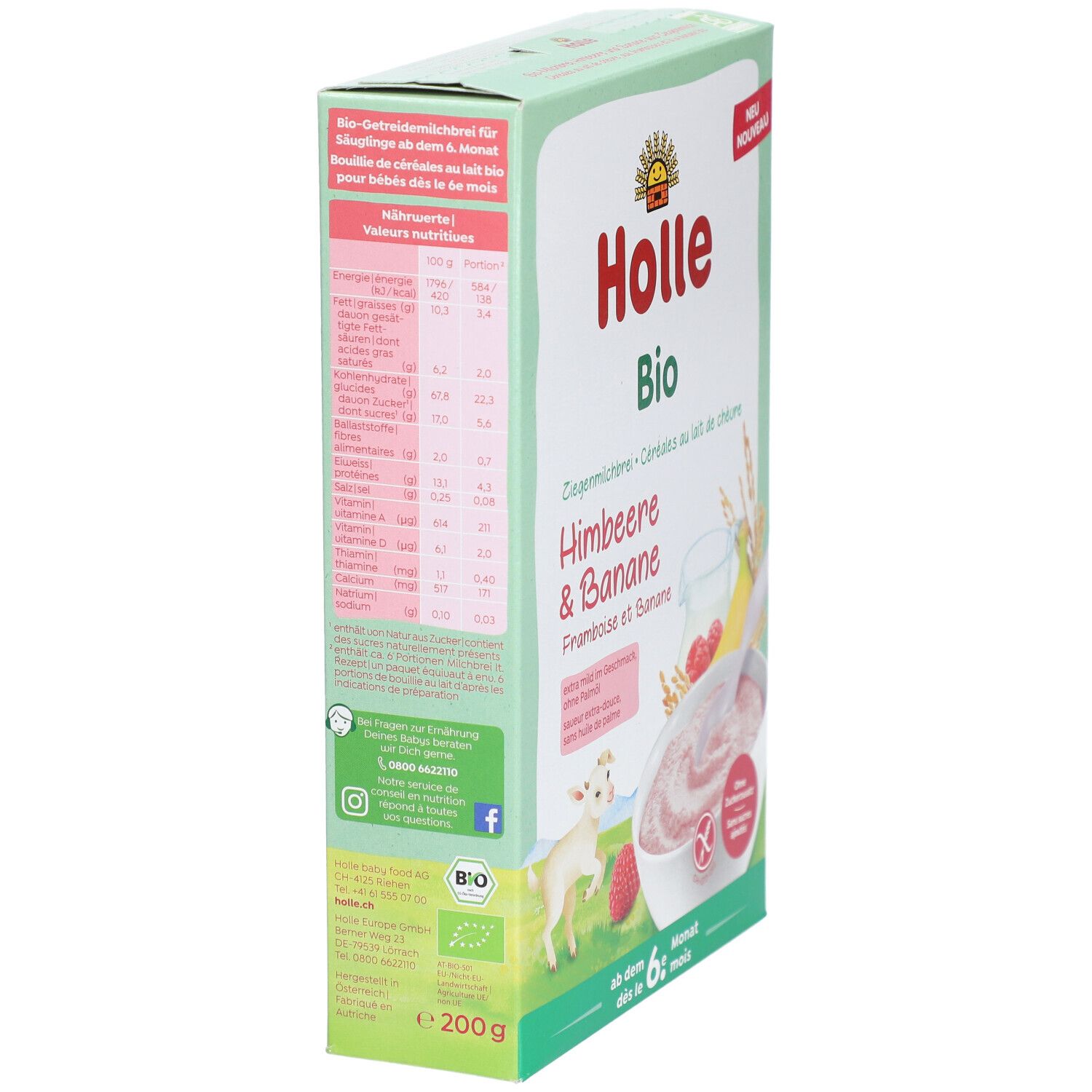HOLLE Bouillie de lait bio framboise et banane au lait de chèvre