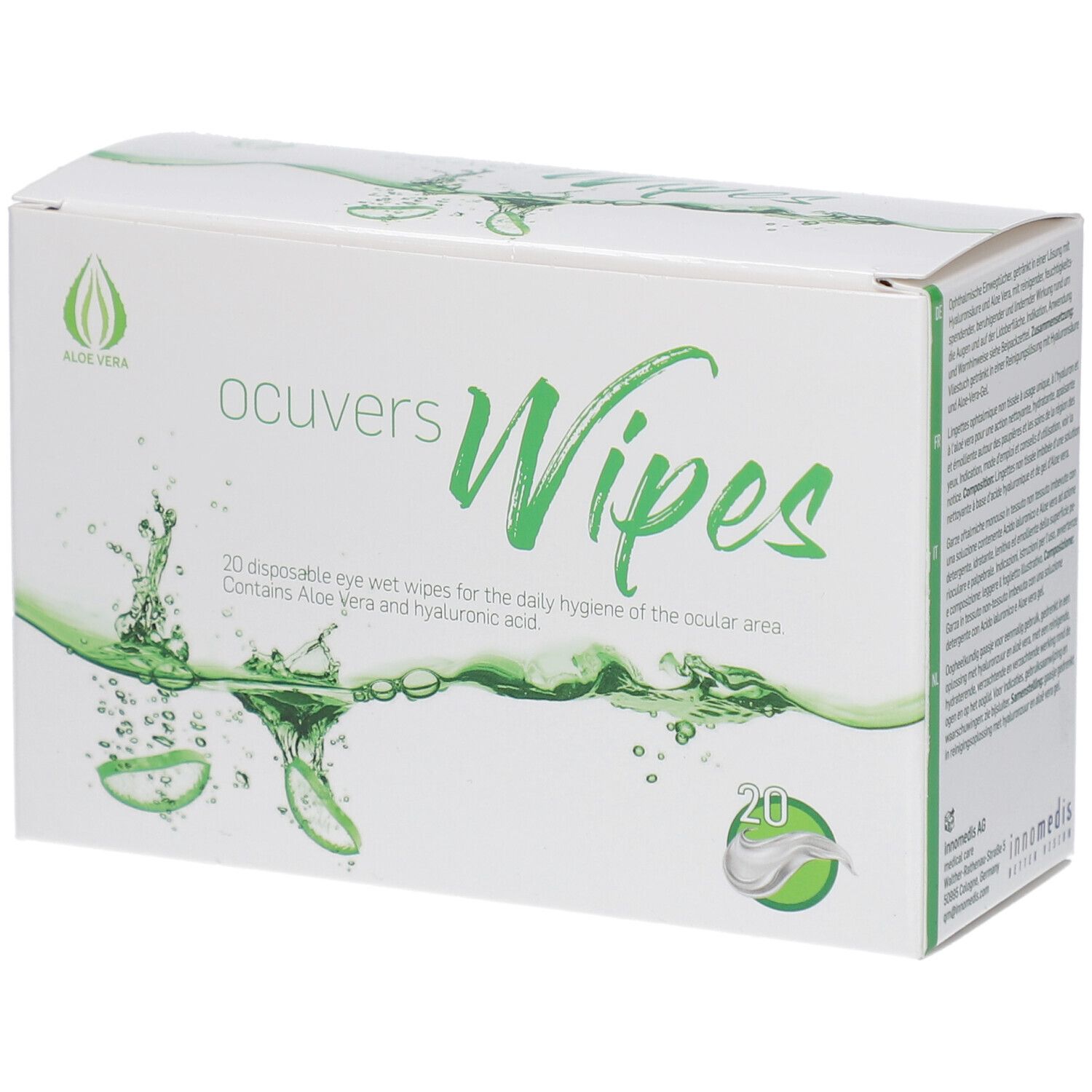 Boîte blanche avec logo "ocuvers Wipes" et accents verts. Contient 20 lingettes humides. Logo Aloe Vera.