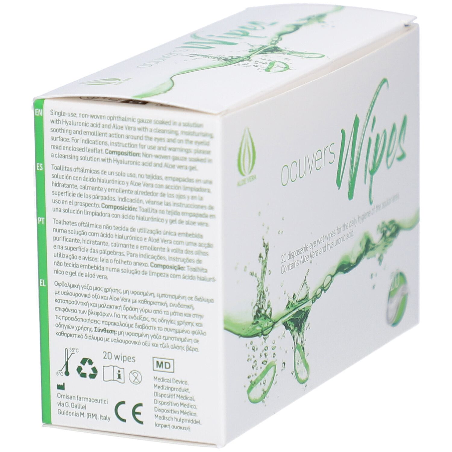 Boîte "ocuvers Wipes" avec texte multilingue. Contient 20 lingettes. Marquage CE.