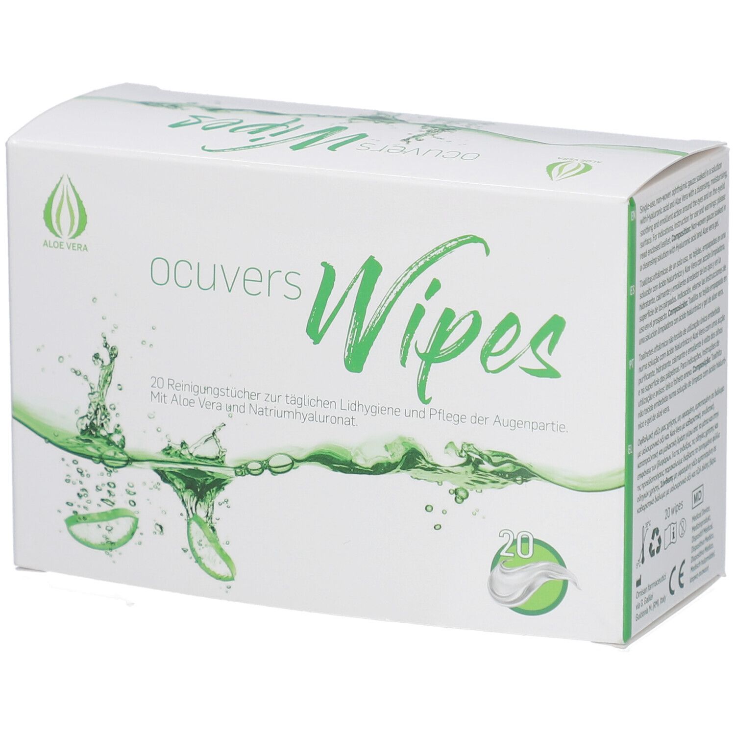 Boîte blanche avec logo "ocuvers Wipes" et accents verts. Contient 20 lingettes nettoyantes. Logo Aloe Vera.