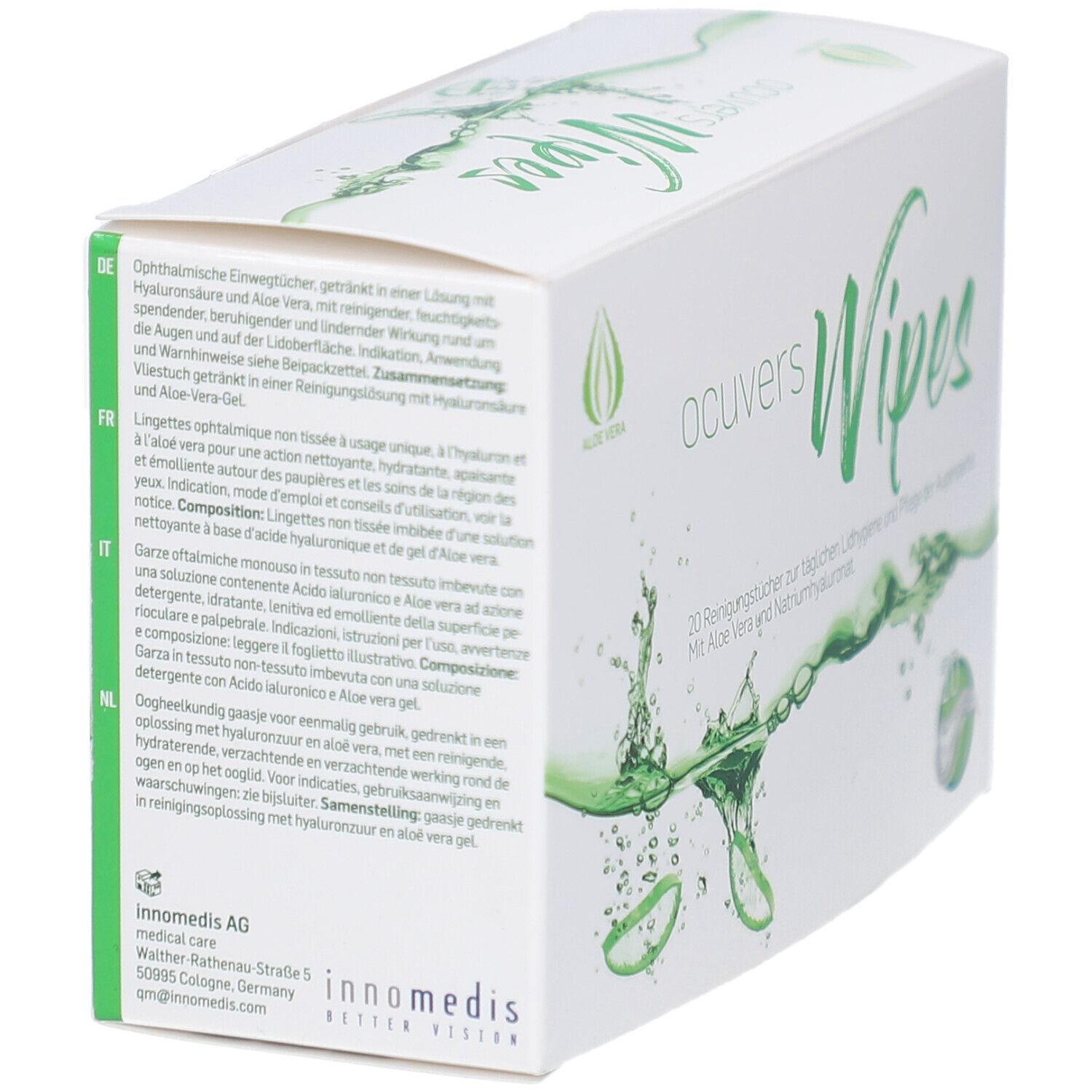 Boîte "ocuvers Wipes" avec texte multilingue. Logo Aloe Vera. 20 lingettes nettoyantes.