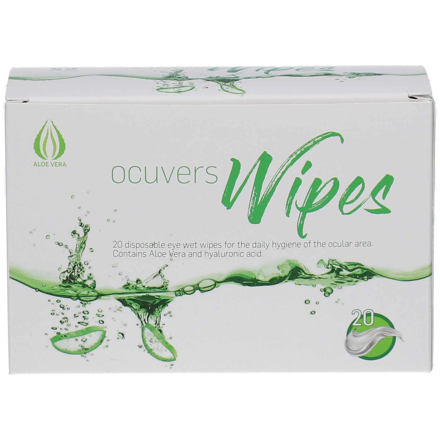 Boîte blanche avec logo "ocuvers Wipes" et accents verts. Contient 20 lingettes humides. Logo Aloe Vera.