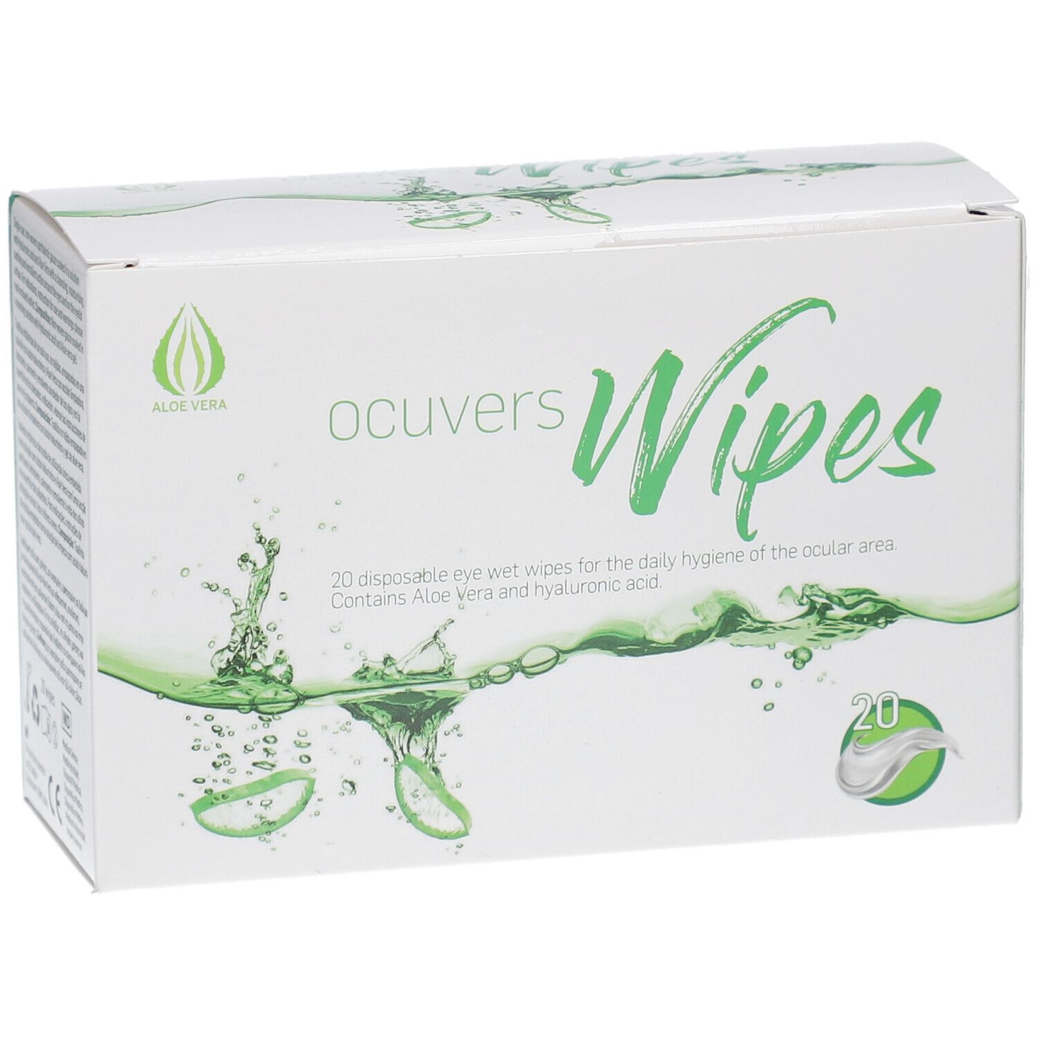 Boîte blanche avec logo "ocuvers Wipes" et accents verts. Contient 20 lingettes humides. Logo Aloe Vera.