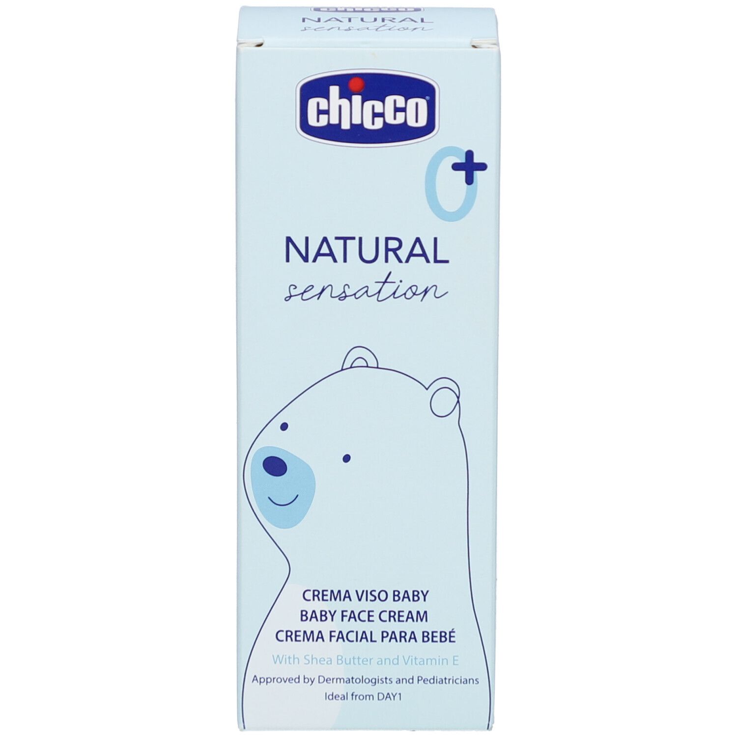 Emballage bleu clair. Inscription : Chicco, Natural Sensation, Baby Face Cream. Illustration d'un ours. Beurre de karité et vitamine E.