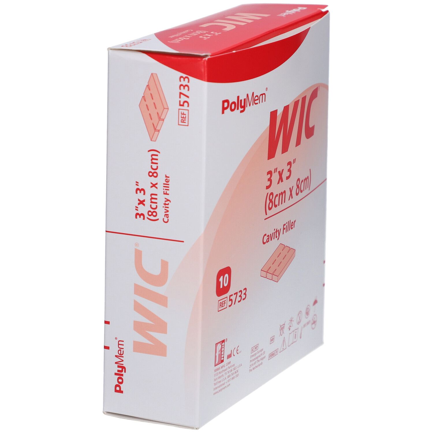 Boîte PolyMem WIC en biais. Dimensions : 8 cm x 8 cm. Inscriptions : WIC, 3"x3", Cavity Filler, 10 pièces. Rouge et blanc.