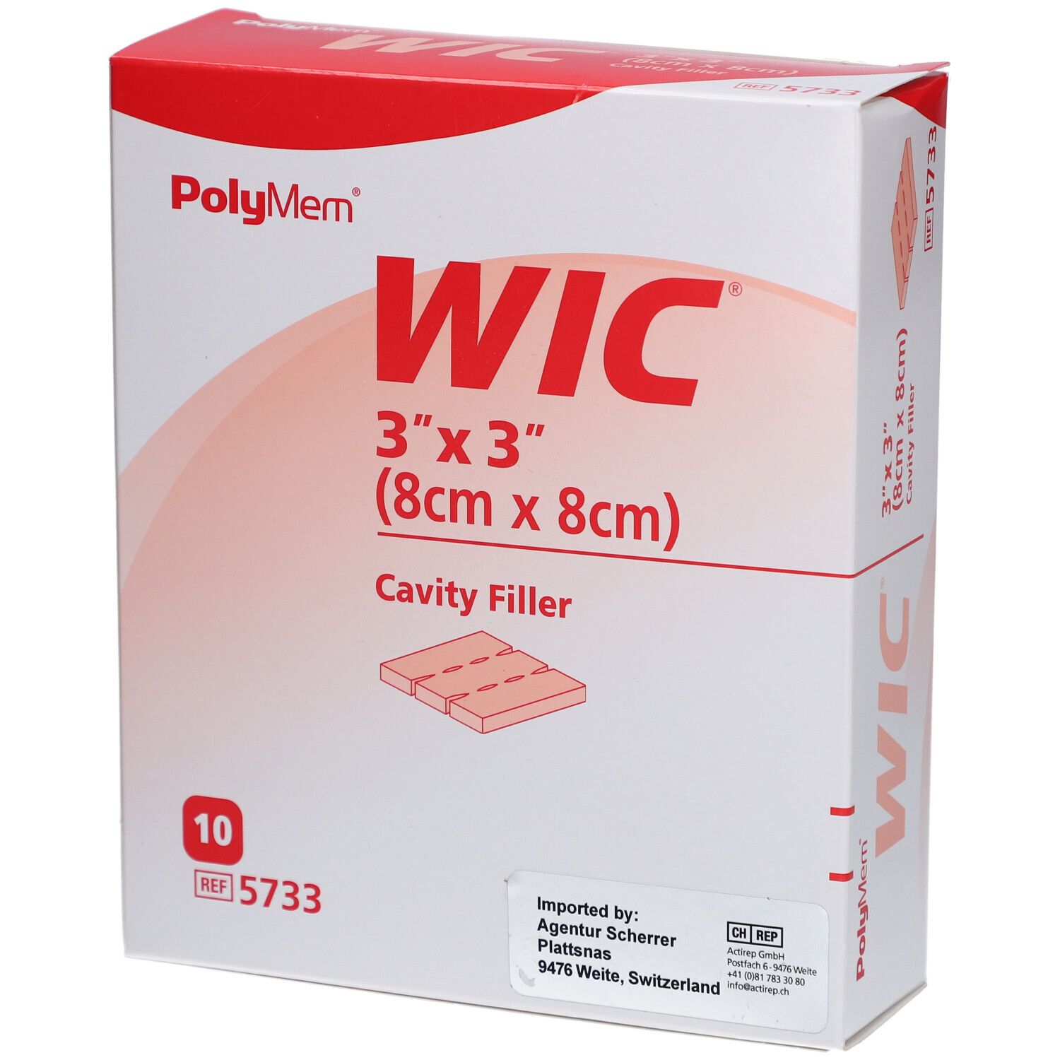 Boîte PolyMem WIC. Dimensions : 8 cm x 8 cm. Inscriptions : WIC, 3"x3", Cavity Filler, 10 pièces. Informations importateur.