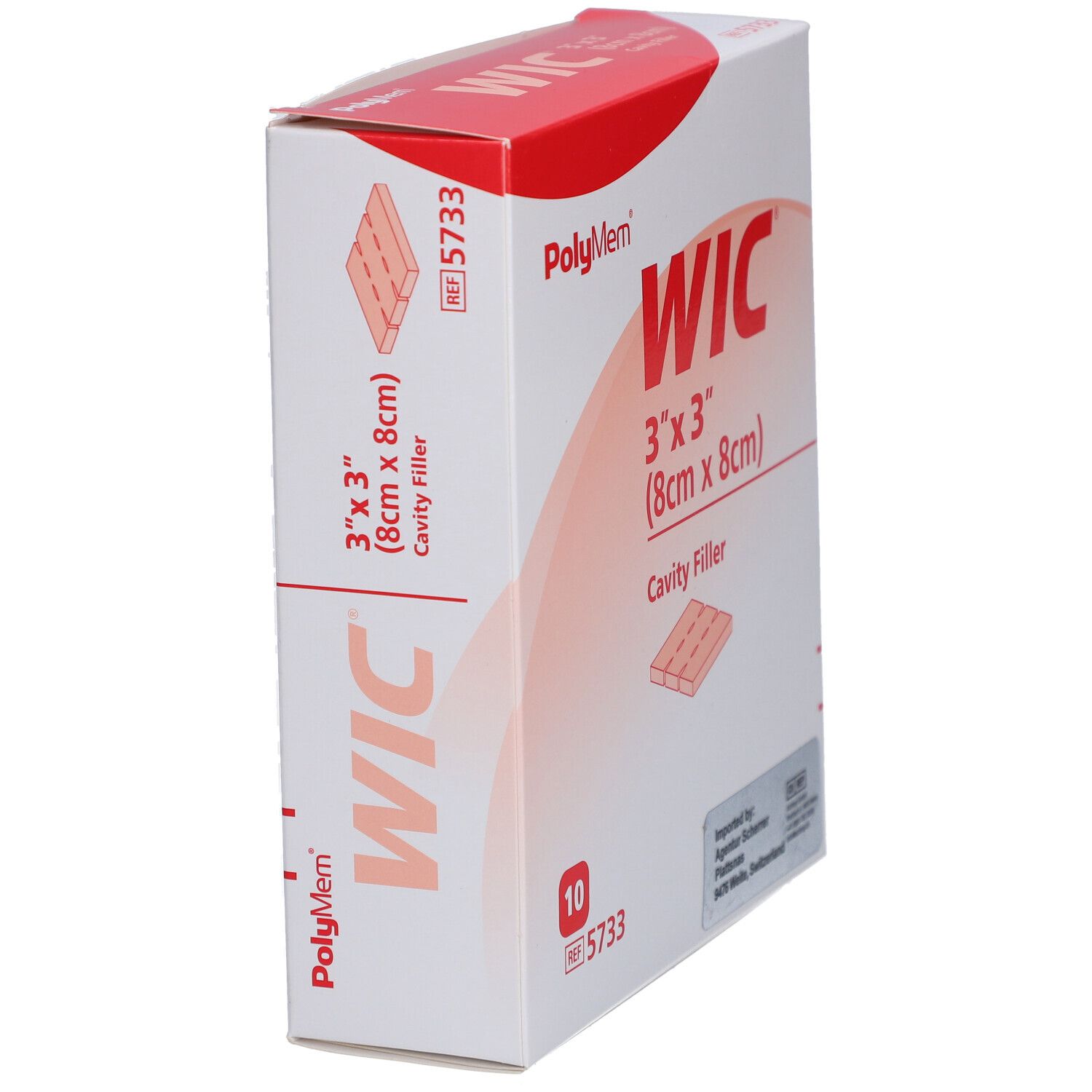 Boîte PolyMem WIC en biais. Dimensions : 8 cm x 8 cm. Inscriptions : WIC, 3"x3", Cavity Filler, 10 pièces. Rouge et blanc.