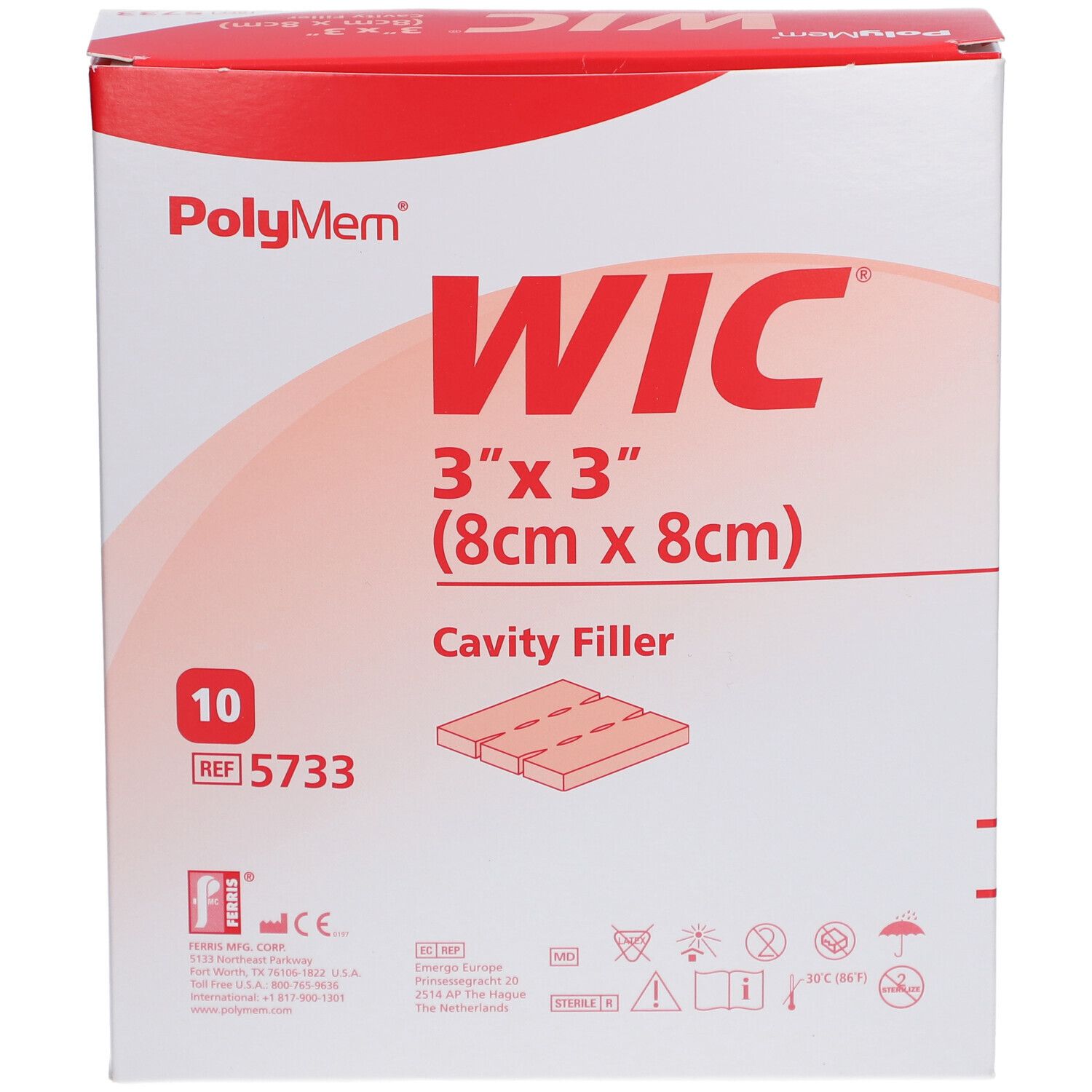 Boîte PolyMem WIC. Dimensions : 8 cm x 8 cm. Inscriptions : WIC, 3"x3", Cavity Filler, 10 pièces. Rouge et blanc.