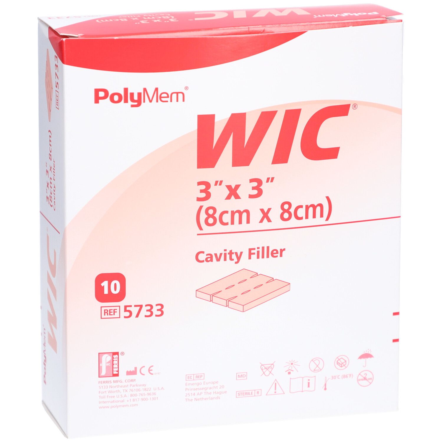 Boîte PolyMem WIC. Dimensions : 8 cm x 8 cm. Inscriptions : WIC, 3"x3", Cavity Filler, 10 pièces. Rouge et blanc.