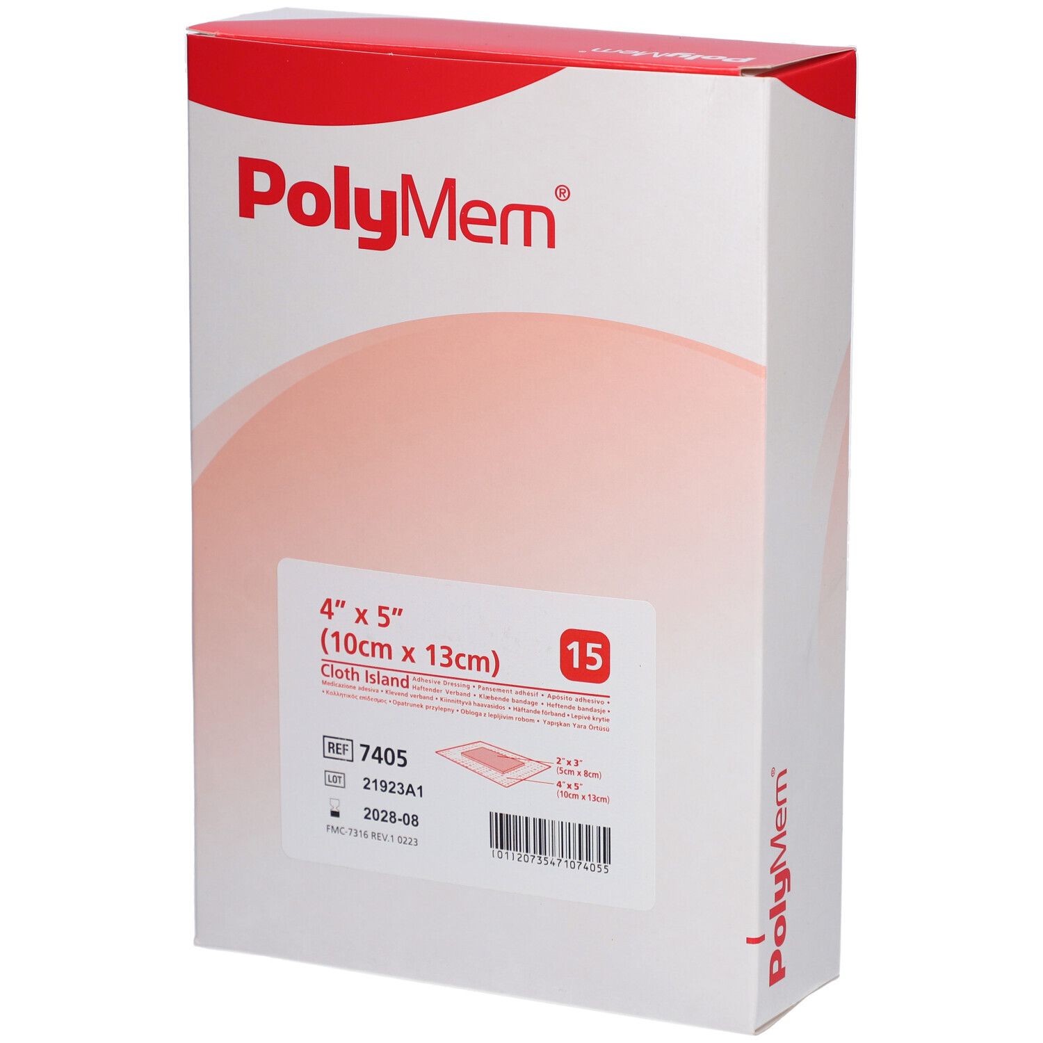 Boîte de pansements PolyMem. Inscription : 4" x 5" (10cm x 13cm), 15 pièces. Informations produit et code-barres.