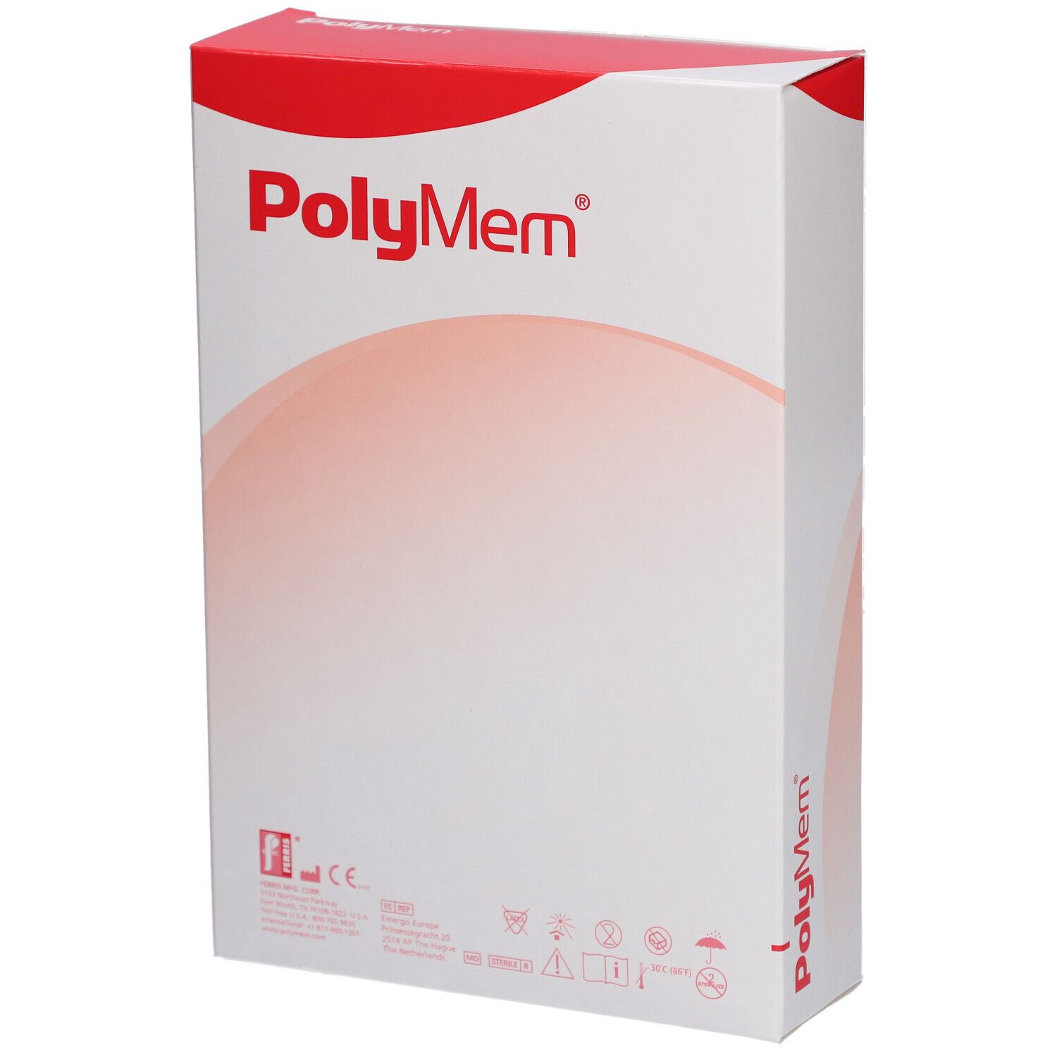 Boîte PolyMem. Inscription : PolyMem. Informations produit et symboles. Couleurs rouge et blanc.