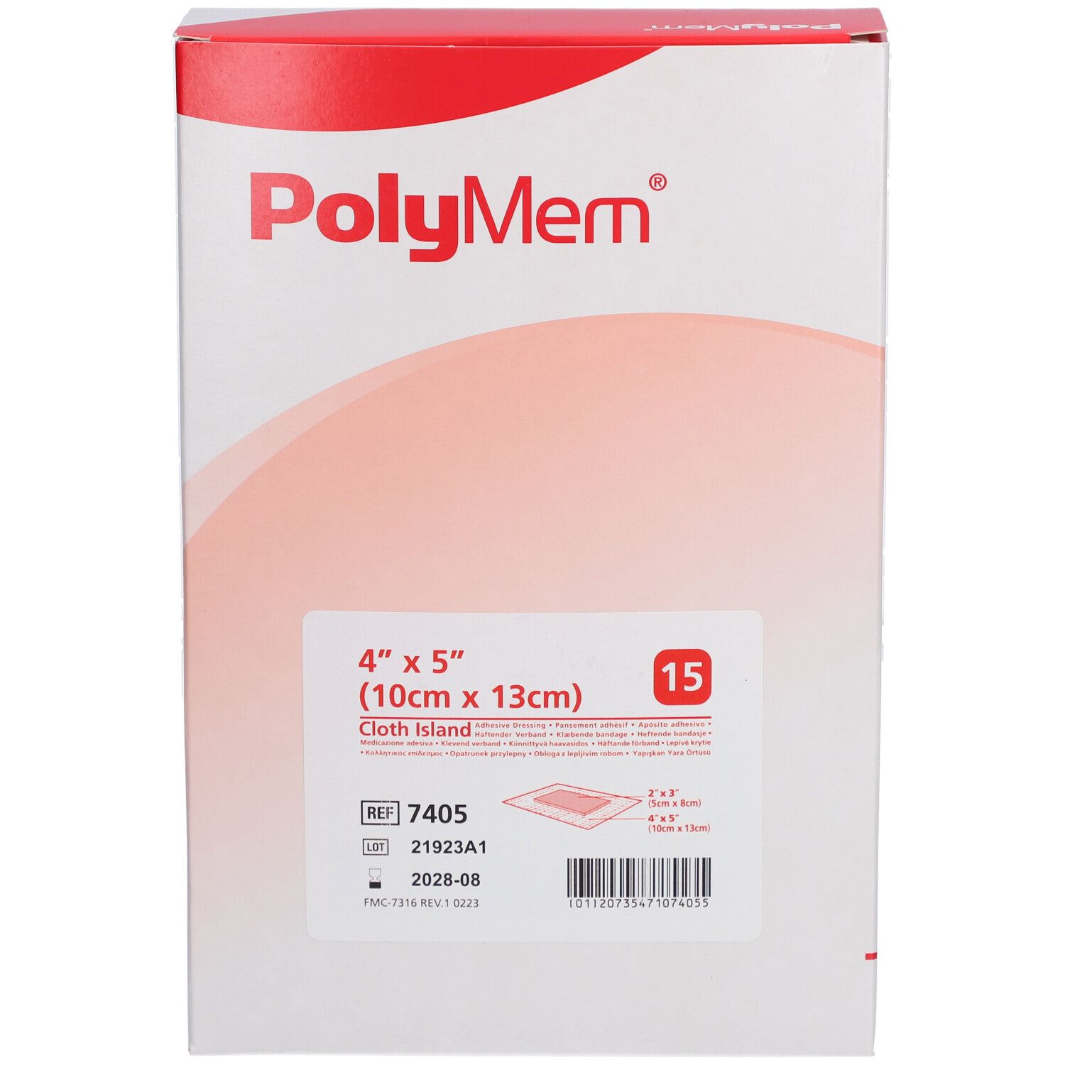 Boîte de pansements PolyMem. Inscription : 4" x 5" (10cm x 13cm), 15 pièces. Informations produit et code-barres.