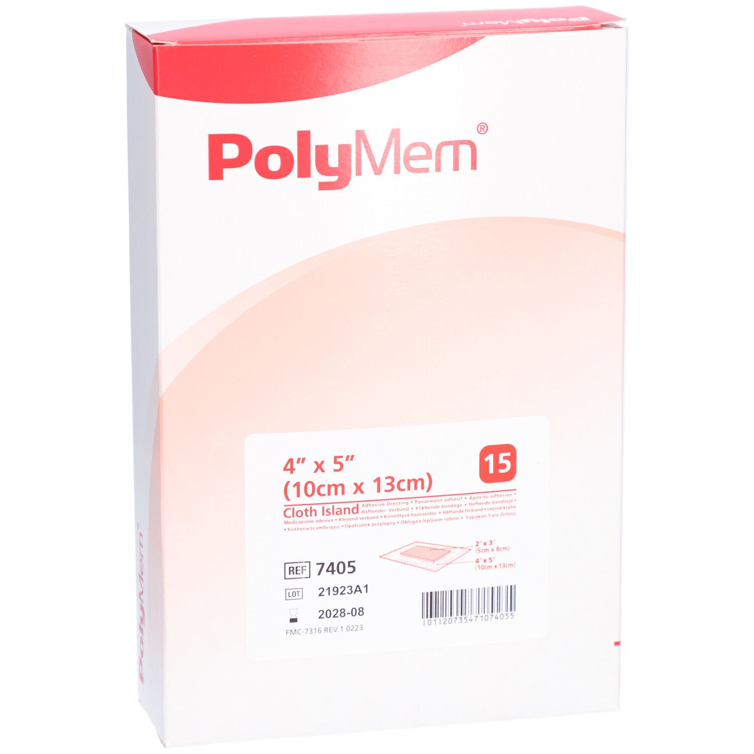 Boîte de pansements PolyMem. Inscription : 4" x 5" (10cm x 13cm), 15 pièces. Informations produit et code-barres.