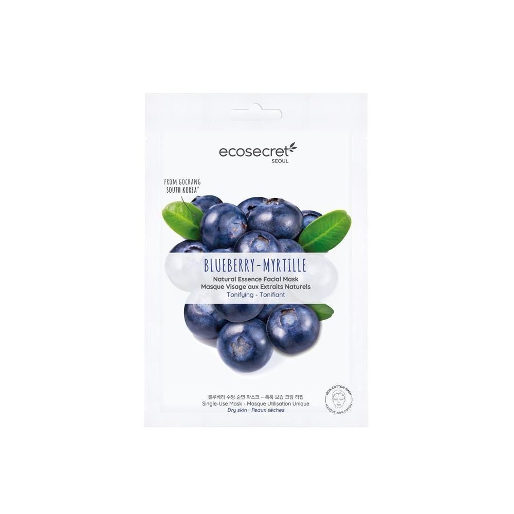 Masque facial myrtille. Emballage blanc avec image de produit et texte. Marque : ecosecret.