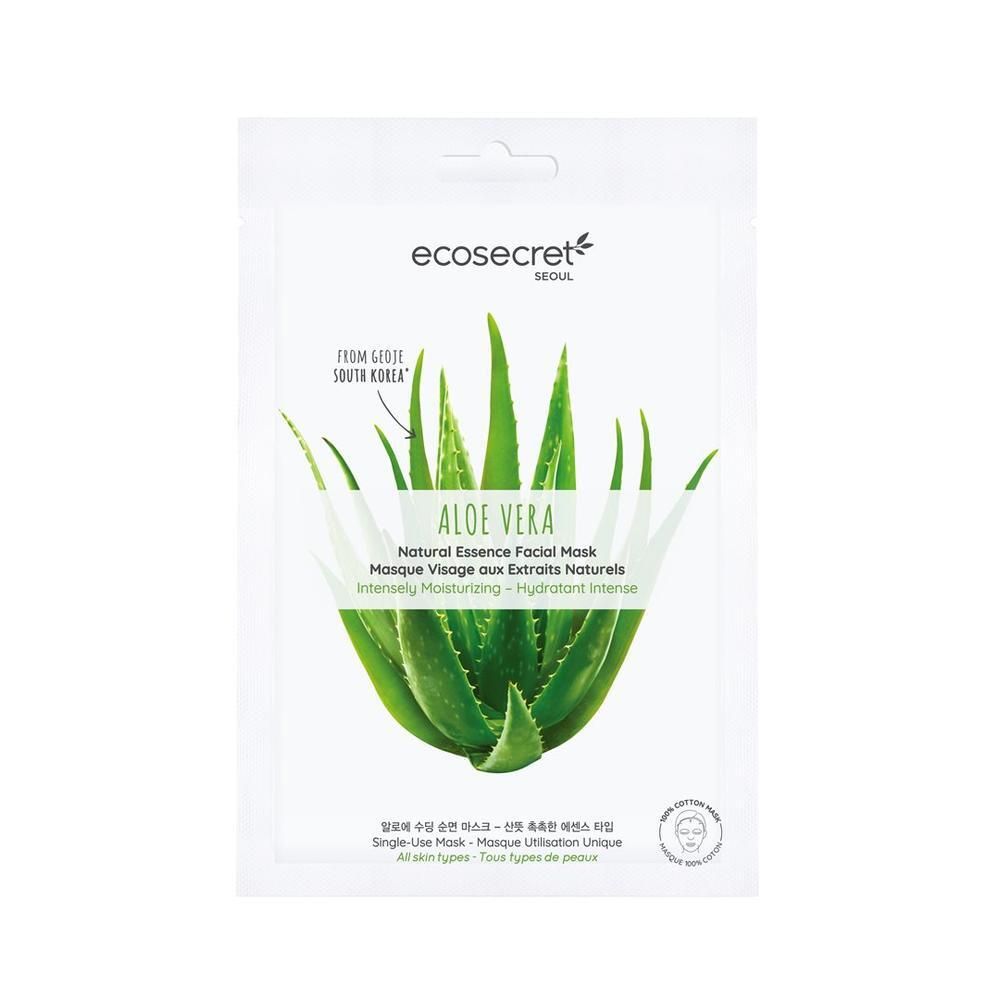 Masque facial à l'aloe vera. Emballage blanc avec nom et texte du produit. Fabriqué en Corée du Sud.