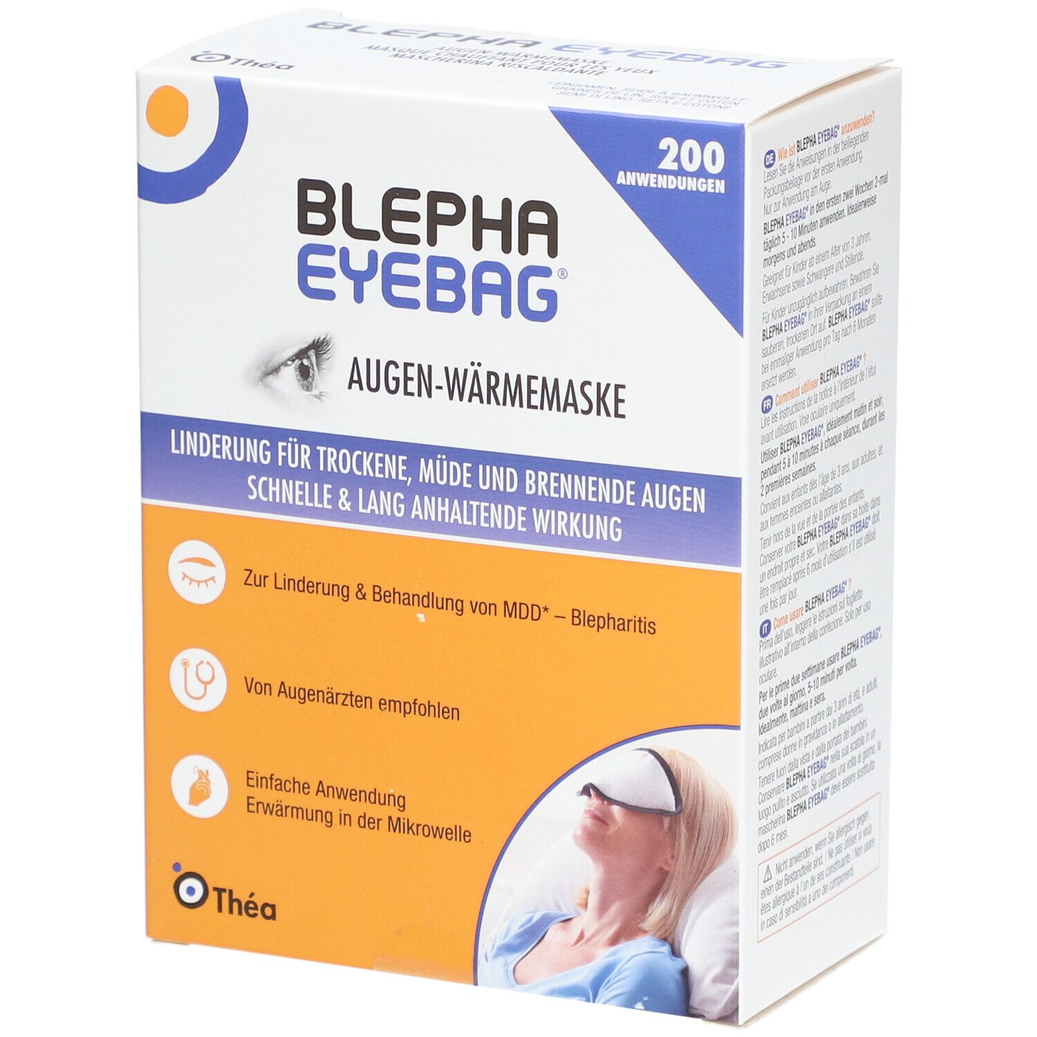 Boîte de Blepha Eyebag, masque chauffant pour les yeux. Contient 200 utilisations. Inscriptions : Masque chauffant, soulage les yeux secs. Recommandé par les ophtalmologistes.