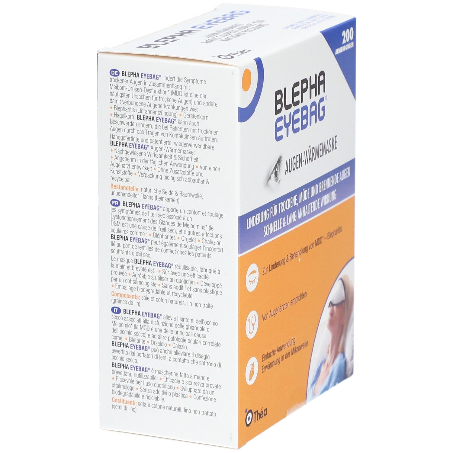 Boîte de Blepha Eyebag, masque chauffant pour les yeux. Texte en allemand, français, italien. Contient 200 utilisations. Description des ingrédients et de l'utilisation.