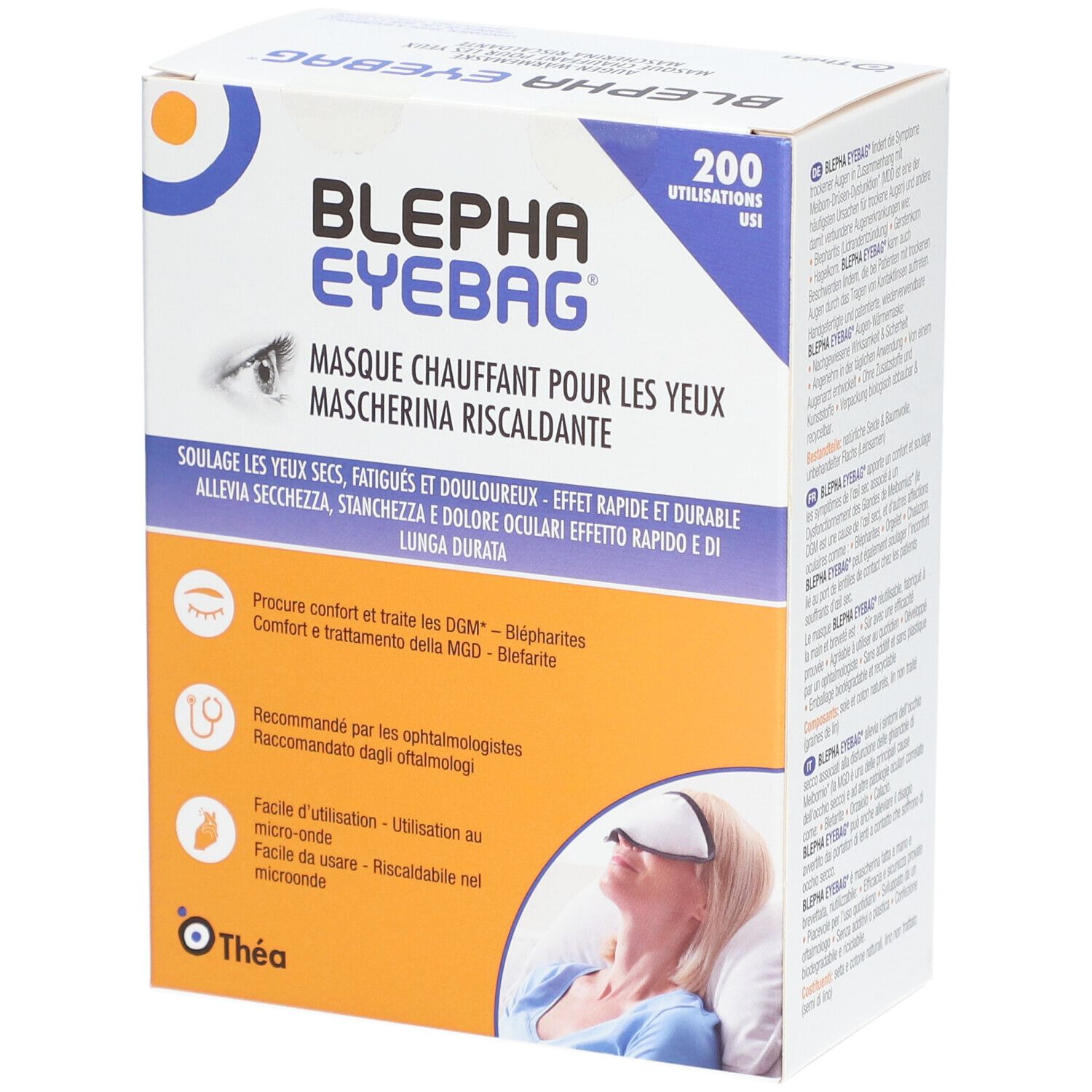 Boîte de Blepha Eyebag, masque chauffant pour les yeux. Texte en français et italien. Contient 200 utilisations. Description de l'utilisation et des ingrédients.