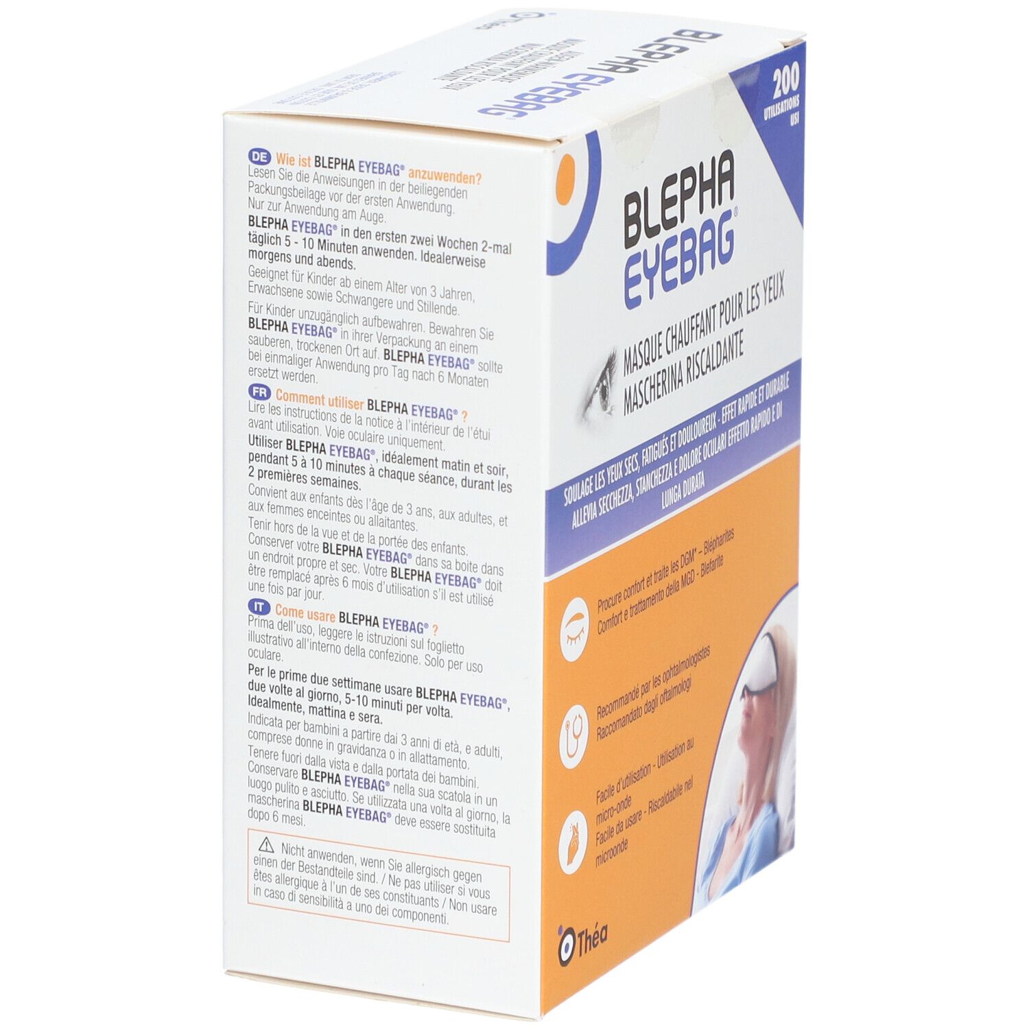 Boîte de Blepha Eyebag, masque chauffant pour les yeux. Texte en allemand, français, italien. Contient 200 utilisations. Instructions d'utilisation et avertissements.