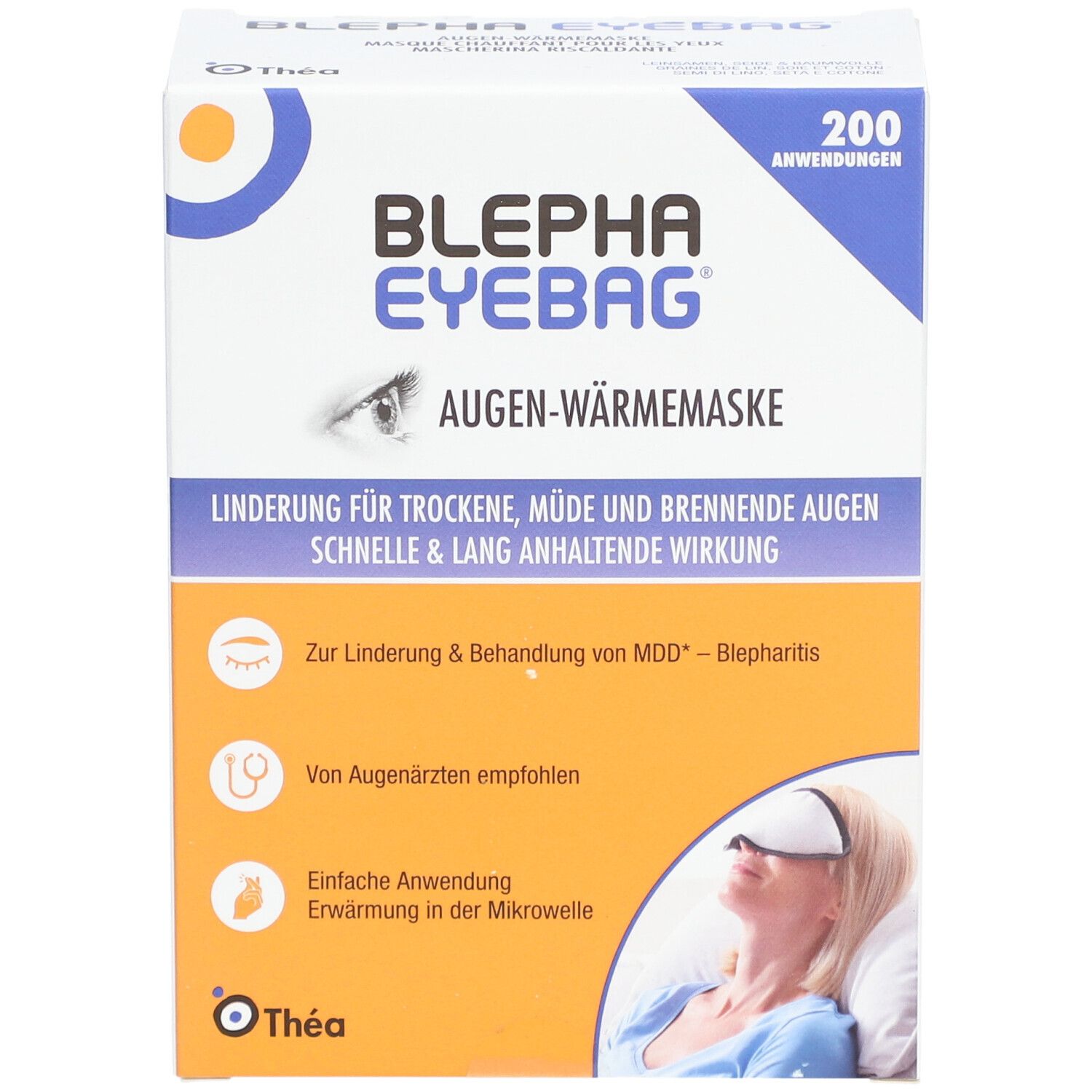 Boîte de Blepha Eyebag, masque chauffant pour les yeux. Contient 200 utilisations. Inscriptions : Masque chauffant, soulage les yeux secs. Recommandé par les ophtalmologistes.