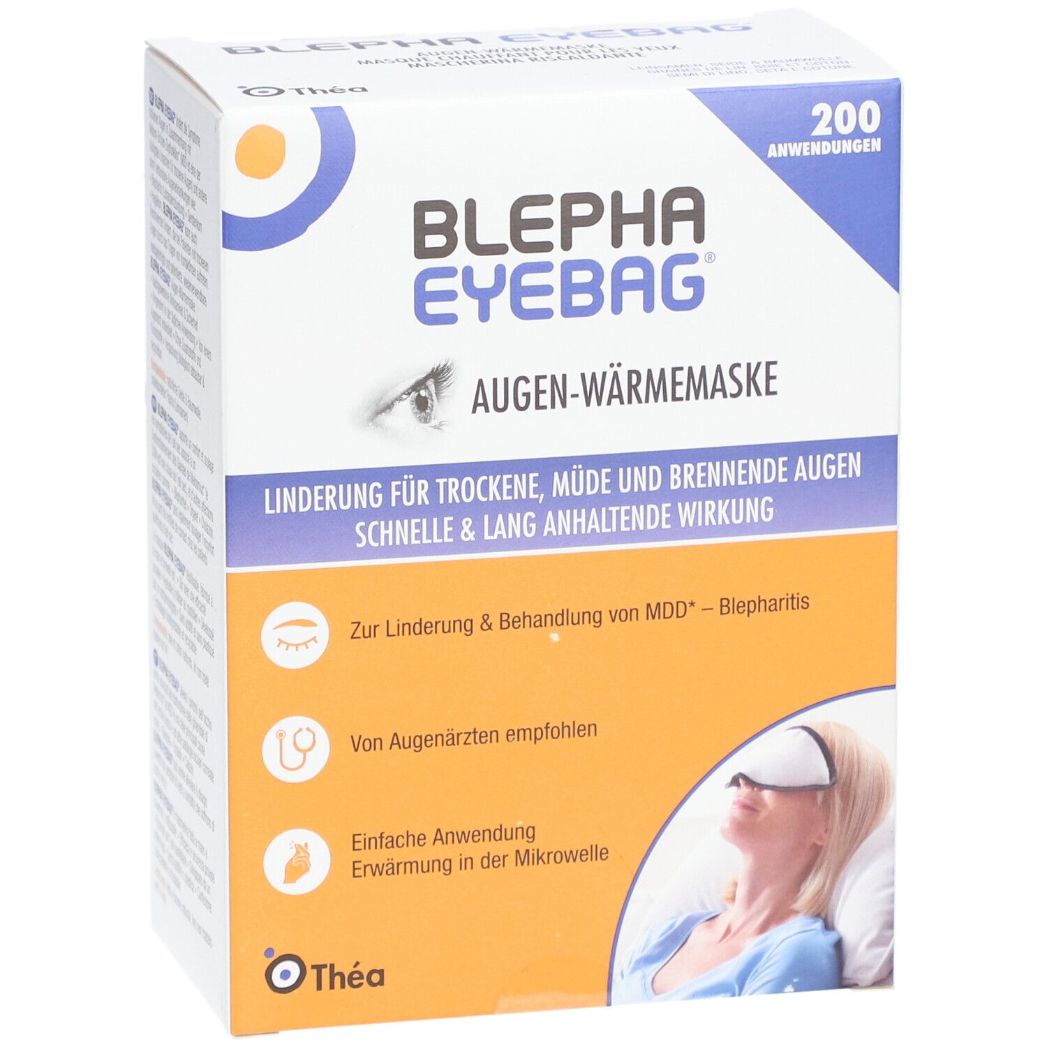 Boîte de Blepha Eyebag, masque chauffant pour les yeux. Contient 200 utilisations. Inscriptions : Masque chauffant, soulage les yeux secs. Recommandé par les ophtalmologistes.