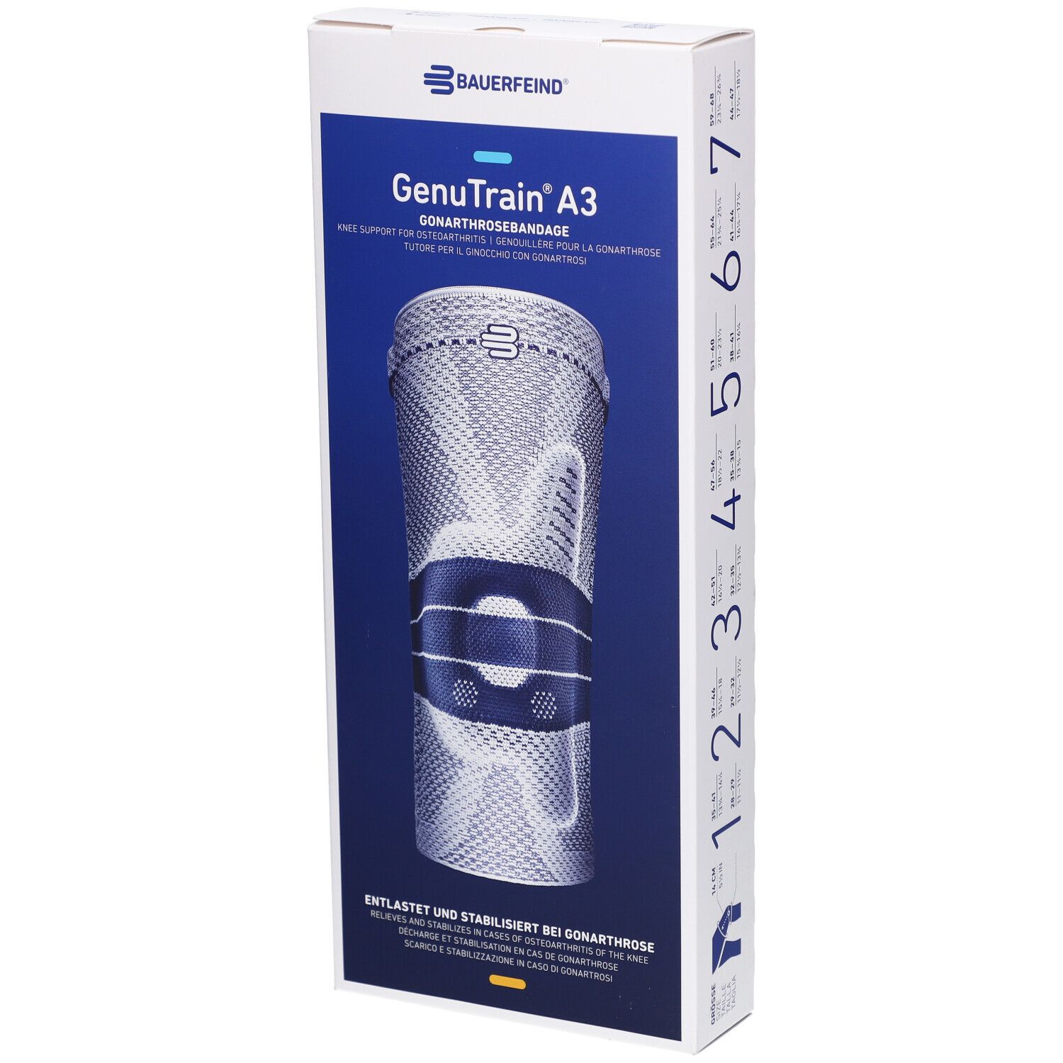 Boîte Bauerfeind GenuTrain A3. Tailles 1-7 sur le côté. Nom du produit et logo sur le devant. Support de genou visible à travers.