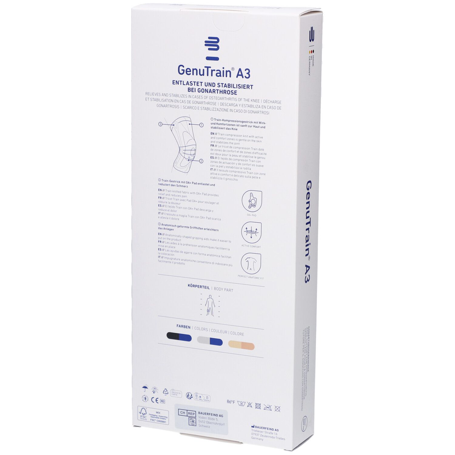 Dos de la boîte Bauerfeind GenuTrain A3. Informations sur le produit et pictogrammes. Indications de taille et certifications.