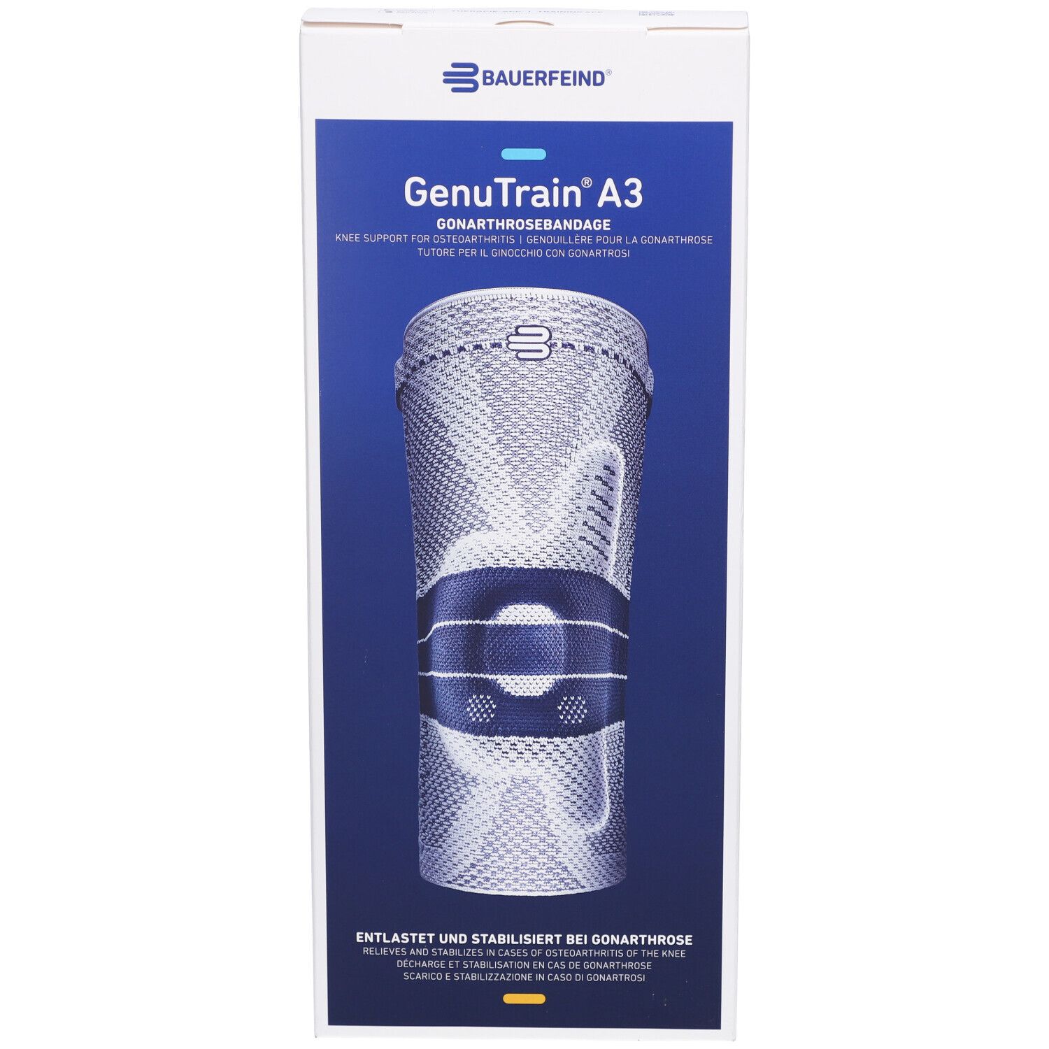 Boîte Bauerfeind GenuTrain A3. Nom et logo du produit sur le devant. Genouillère visible à travers.