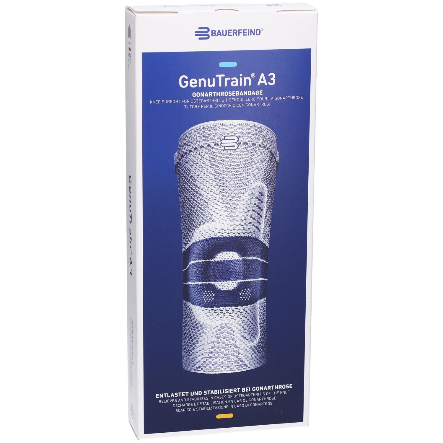 Boîte Bauerfeind GenuTrain A3. Nom et logo du produit sur le devant. Genouillère visible à travers.