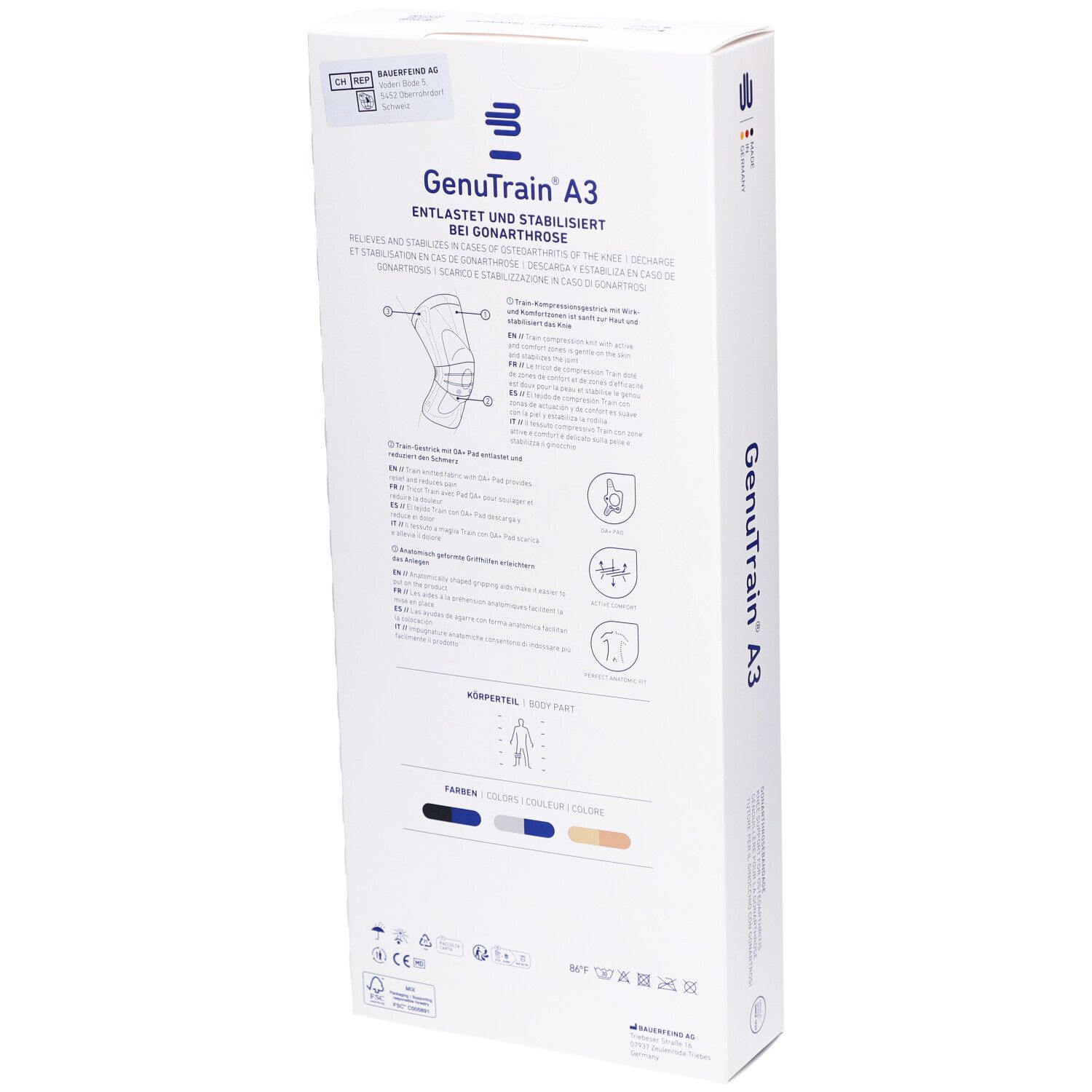 Dos de l'emballage de la genouillère Bauerfeind GenuTrain A3. Informations sur le produit et indications de taille. Illustrations d'application.